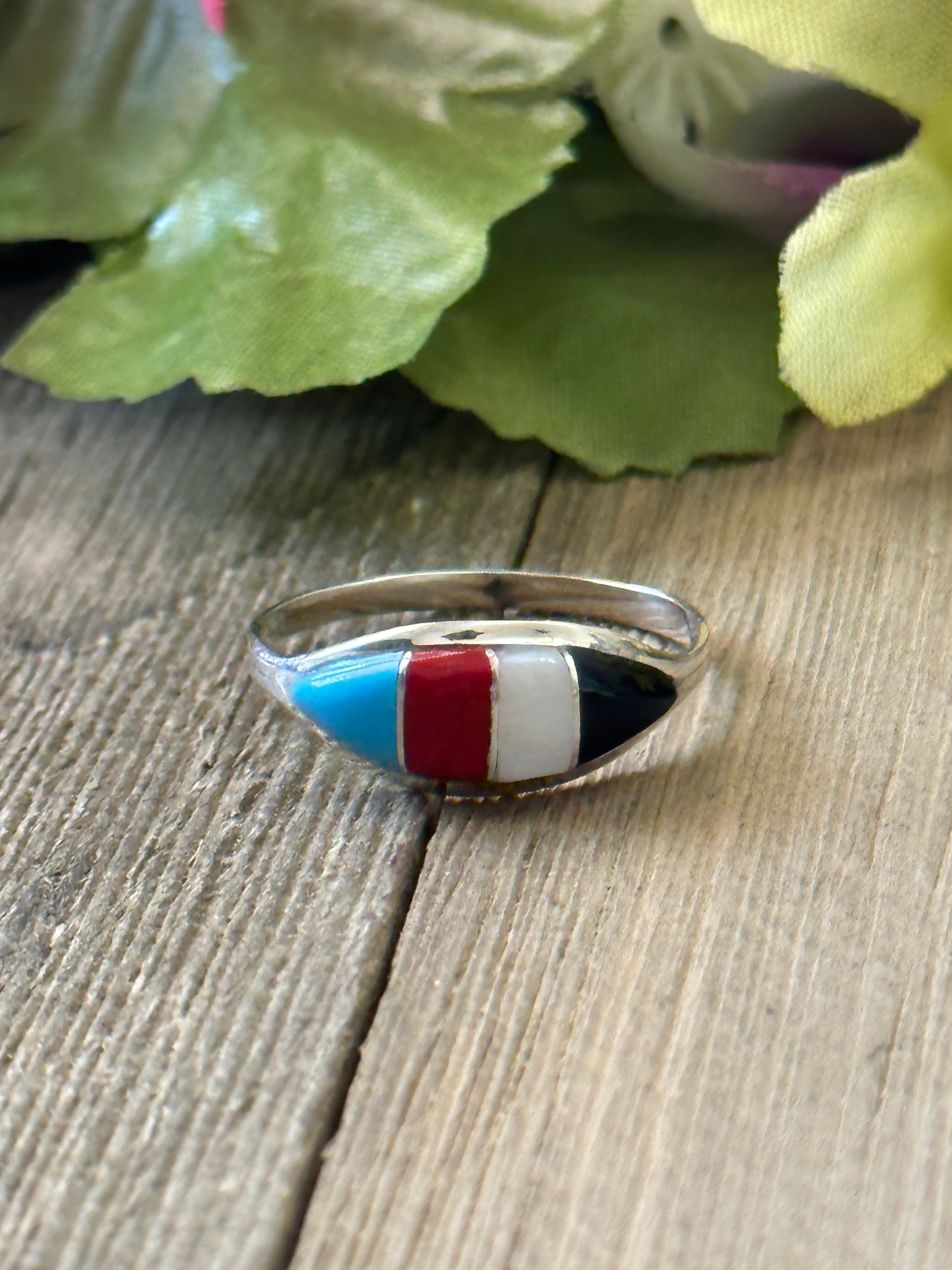 Navajo Made Multi Stone & Sterling Silver Inlay Ring