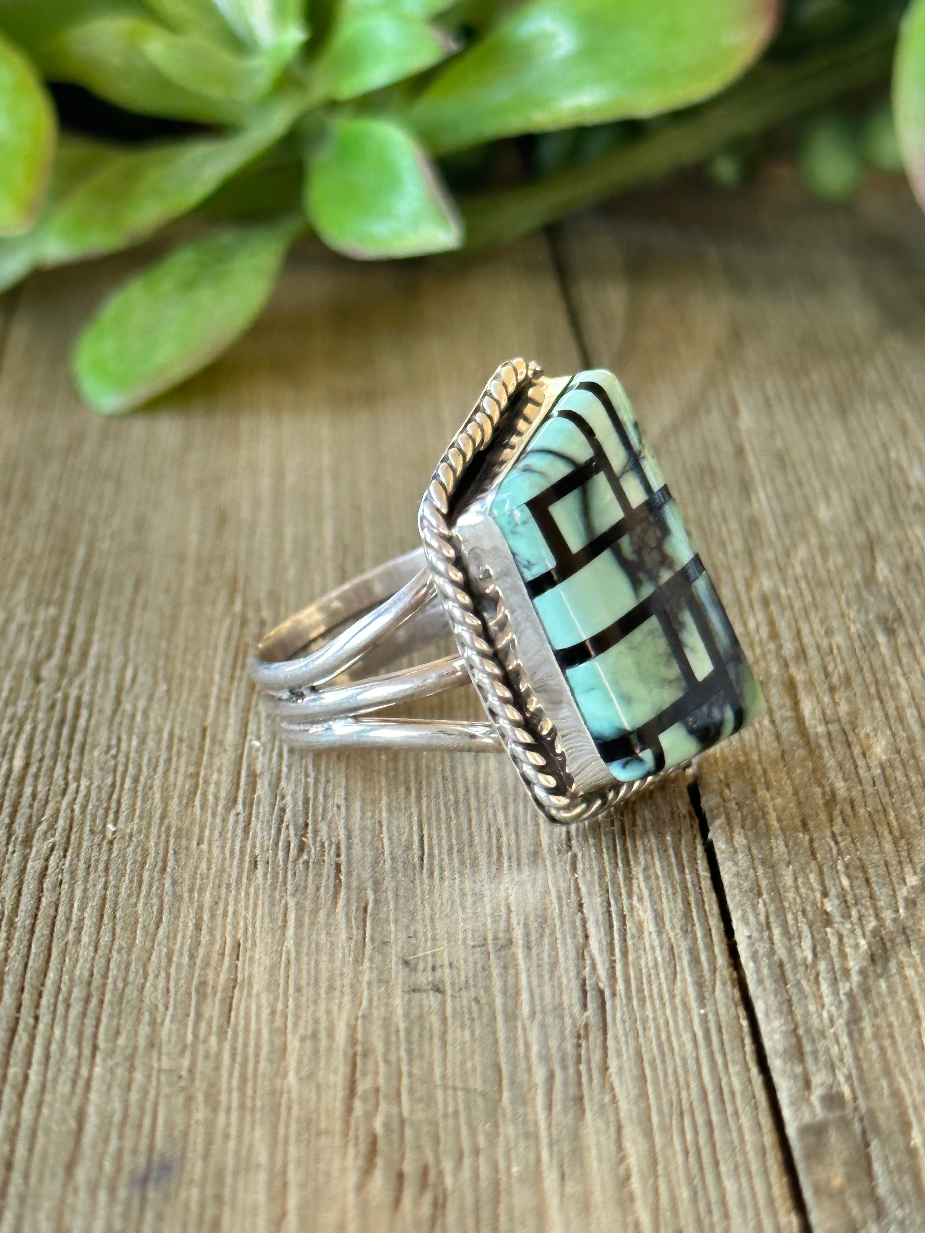 Navajo Made Variscite & Sterling Silver Inlay Ring Size 8.75