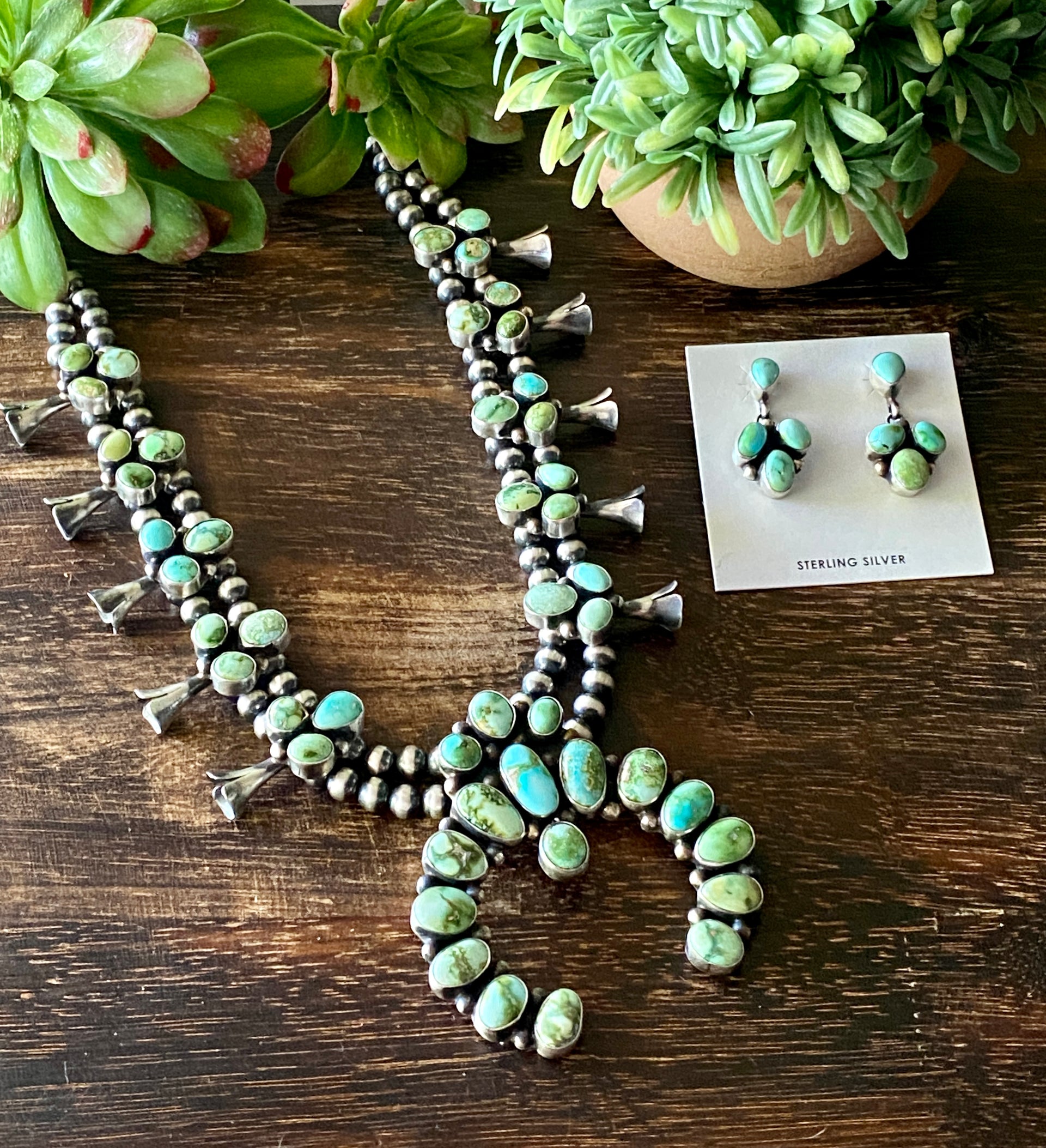 Kathleen Chavez Sonoran Gold Turquoise & Sterling Silver Squash Blossom Necklace Set