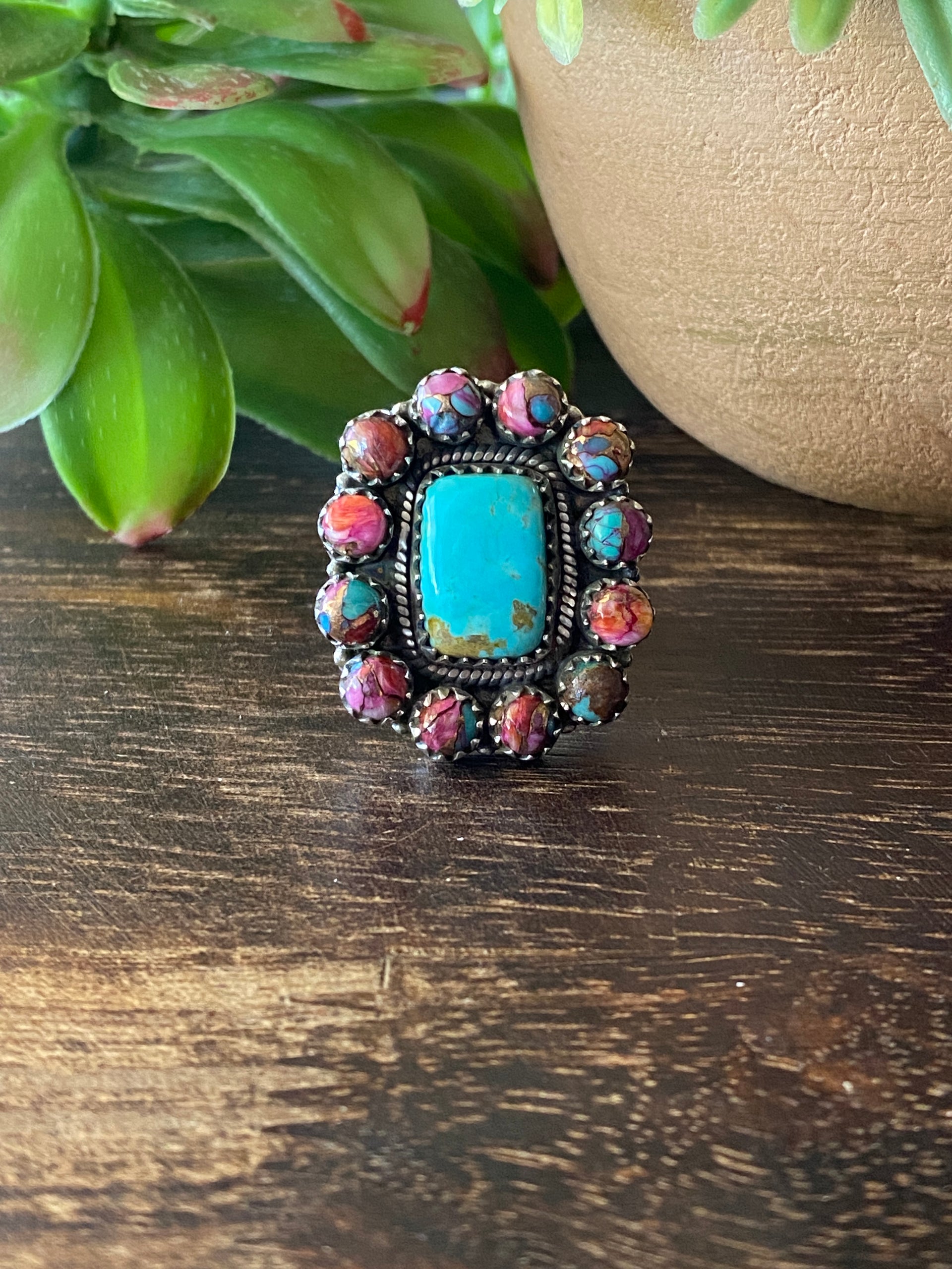 Southwest Handmade Multi Stone & Sterling Silver Adjustable Cluster Ring