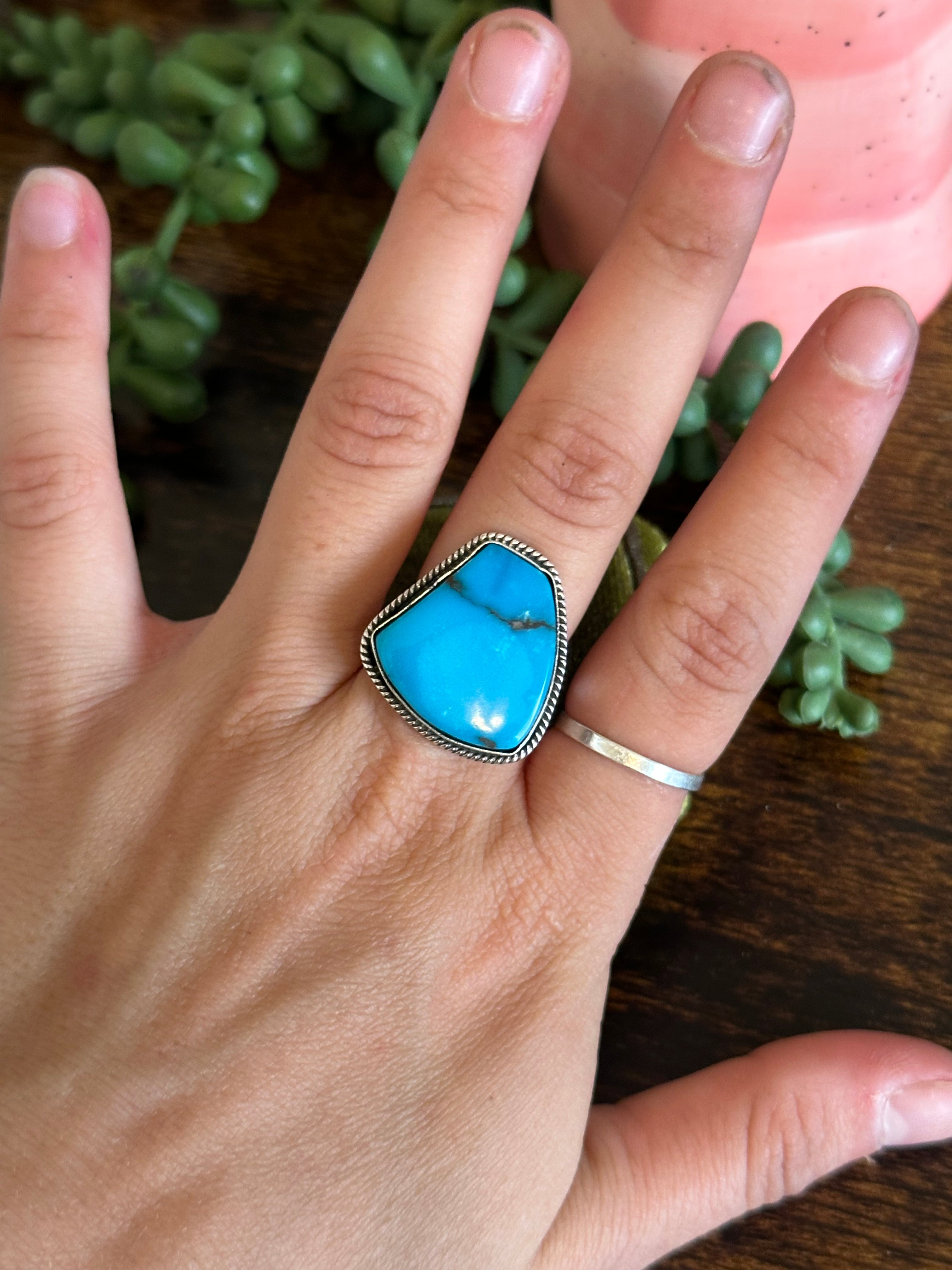 Navajo Made Kingman Turquoise & Sterling Silver Ring Size 7