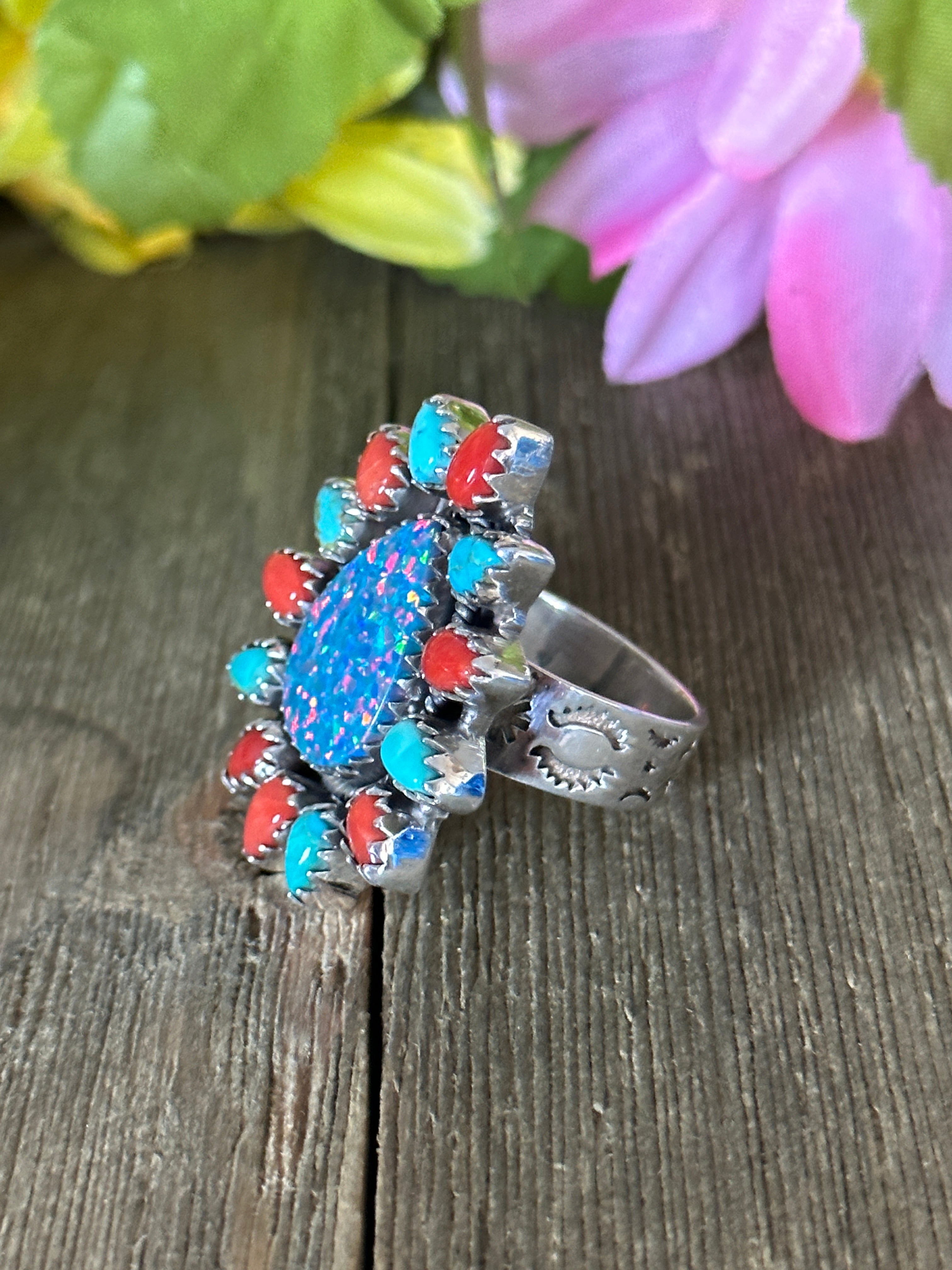 Southwest Handmade Multi Stone & Sterling Silver Adjustable Ring