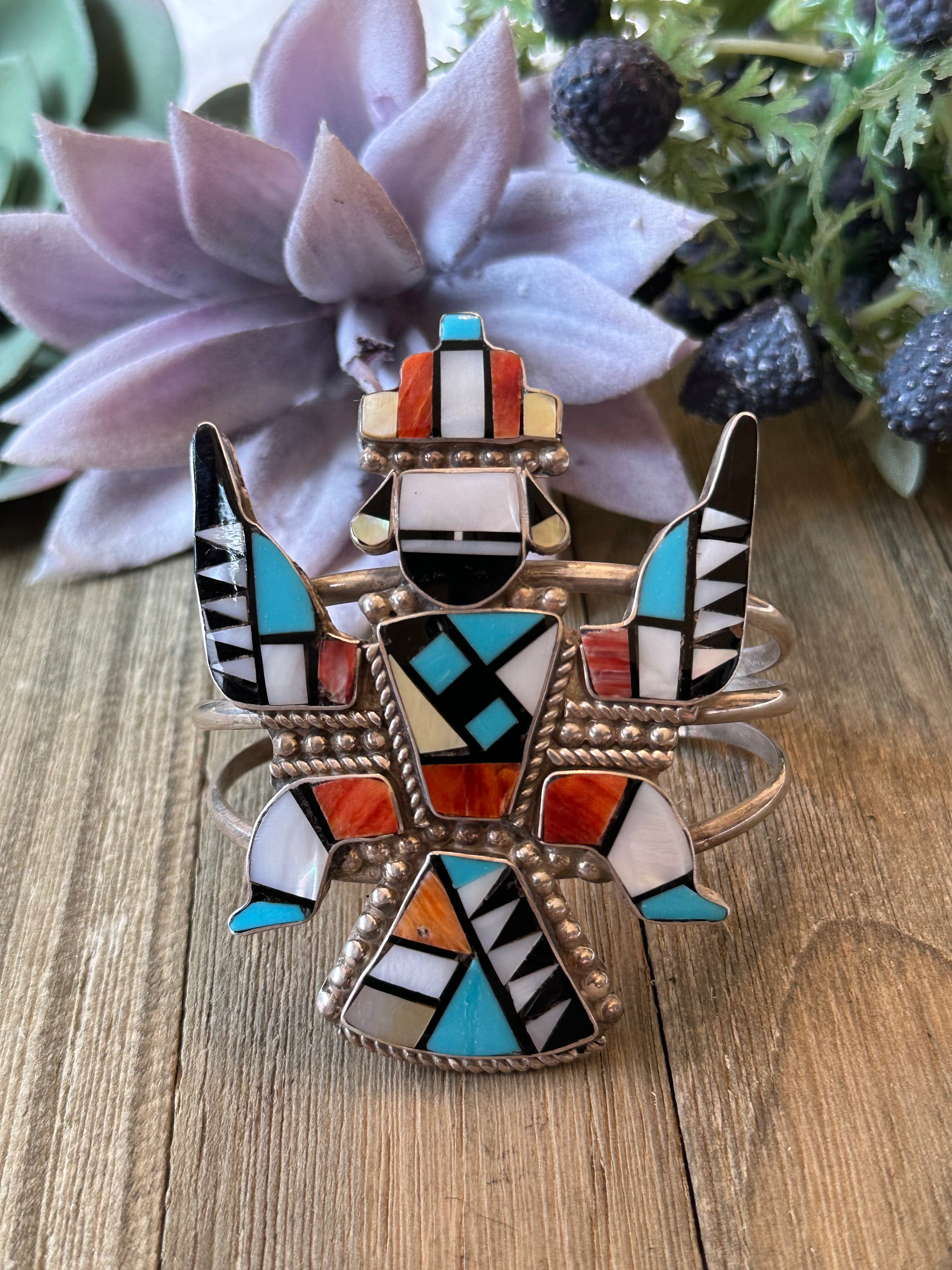 Zuni Made Multi Stone & Sterling Silver Inlay Cuff Bracelet