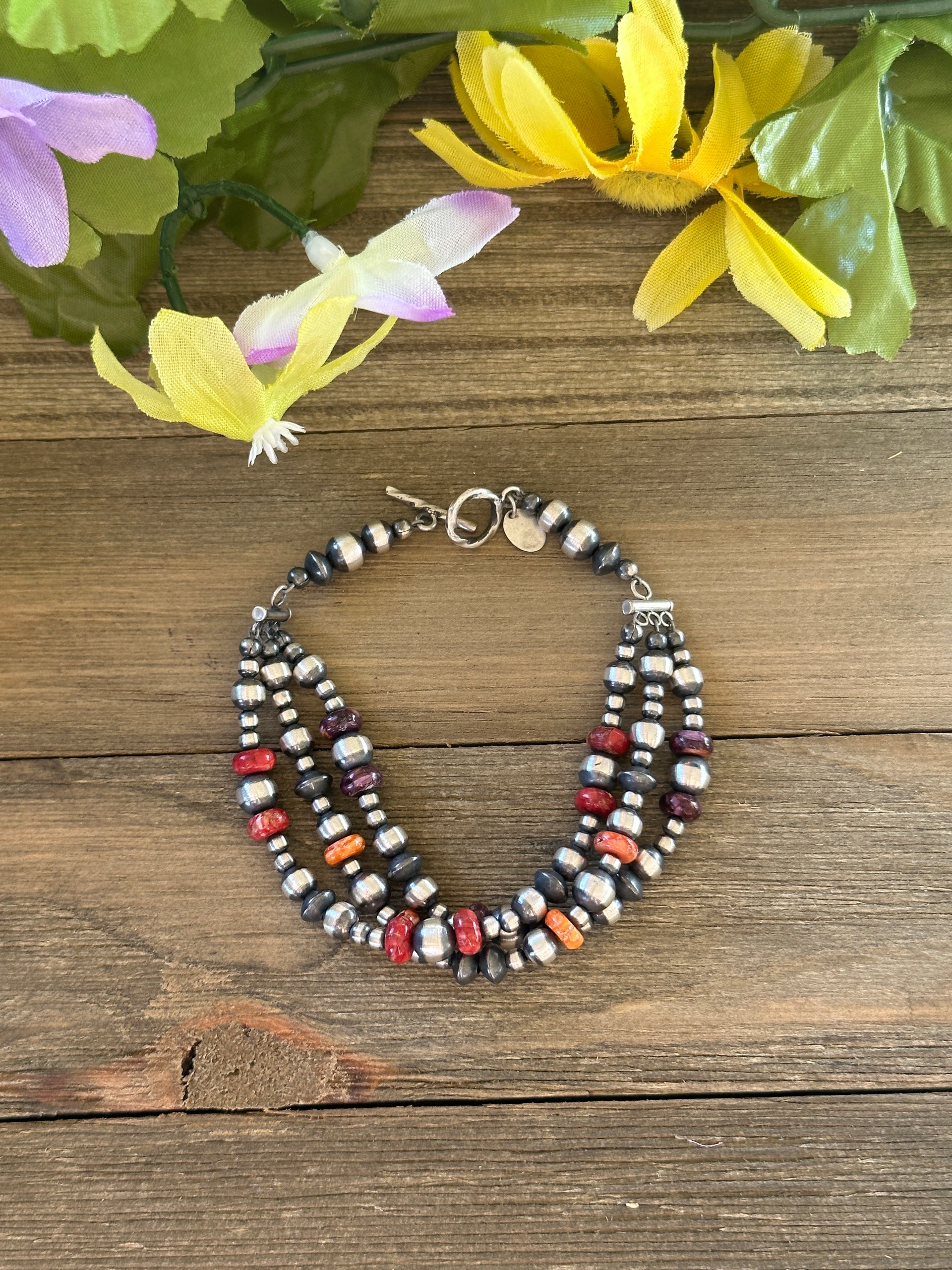 Navajo Strung Multi Stone & Graduated Silver Three Strand Bracelet