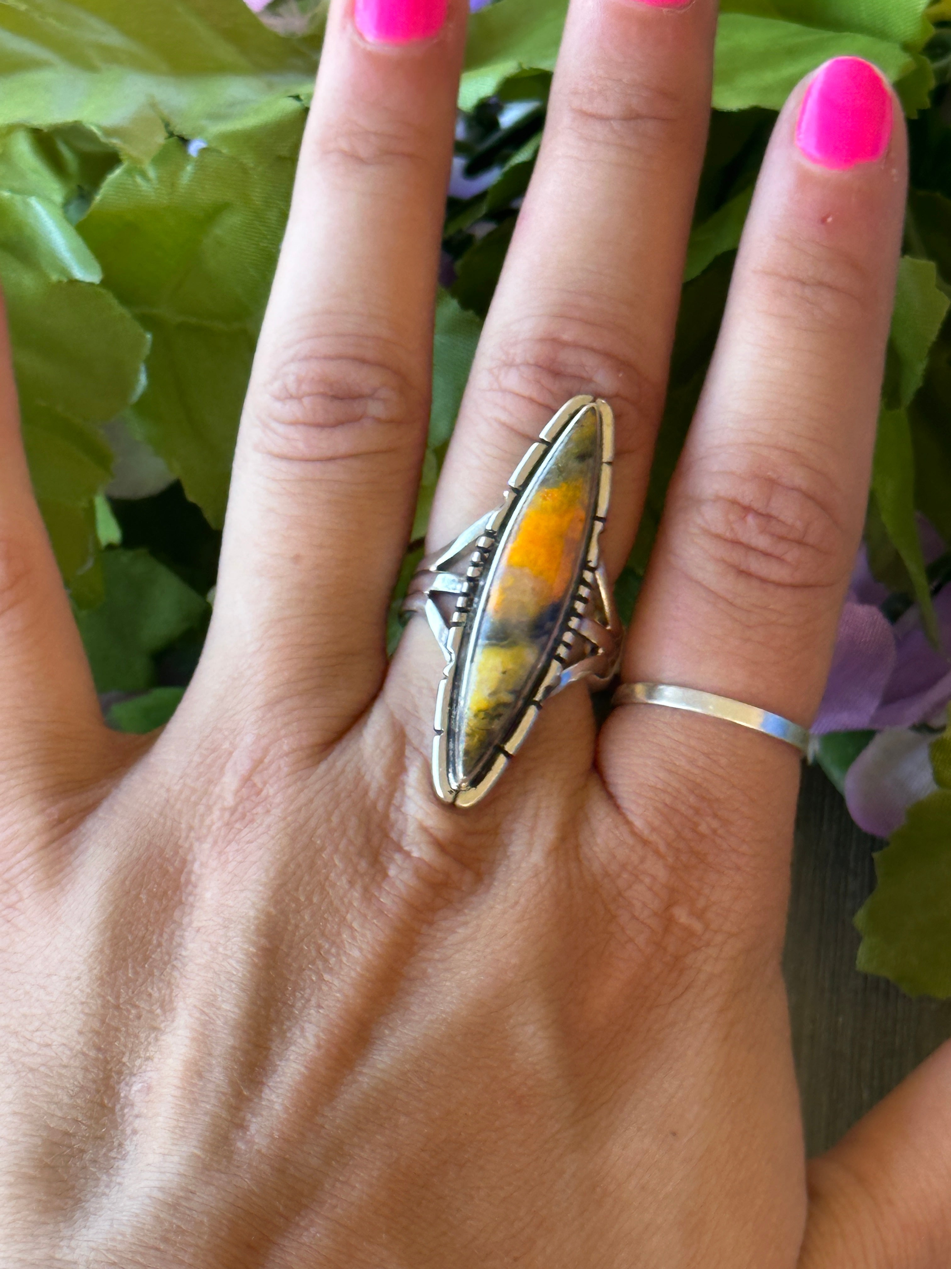 Navajo Made Bumblebee Jasper & Sterling Silver Ring Size 6.75