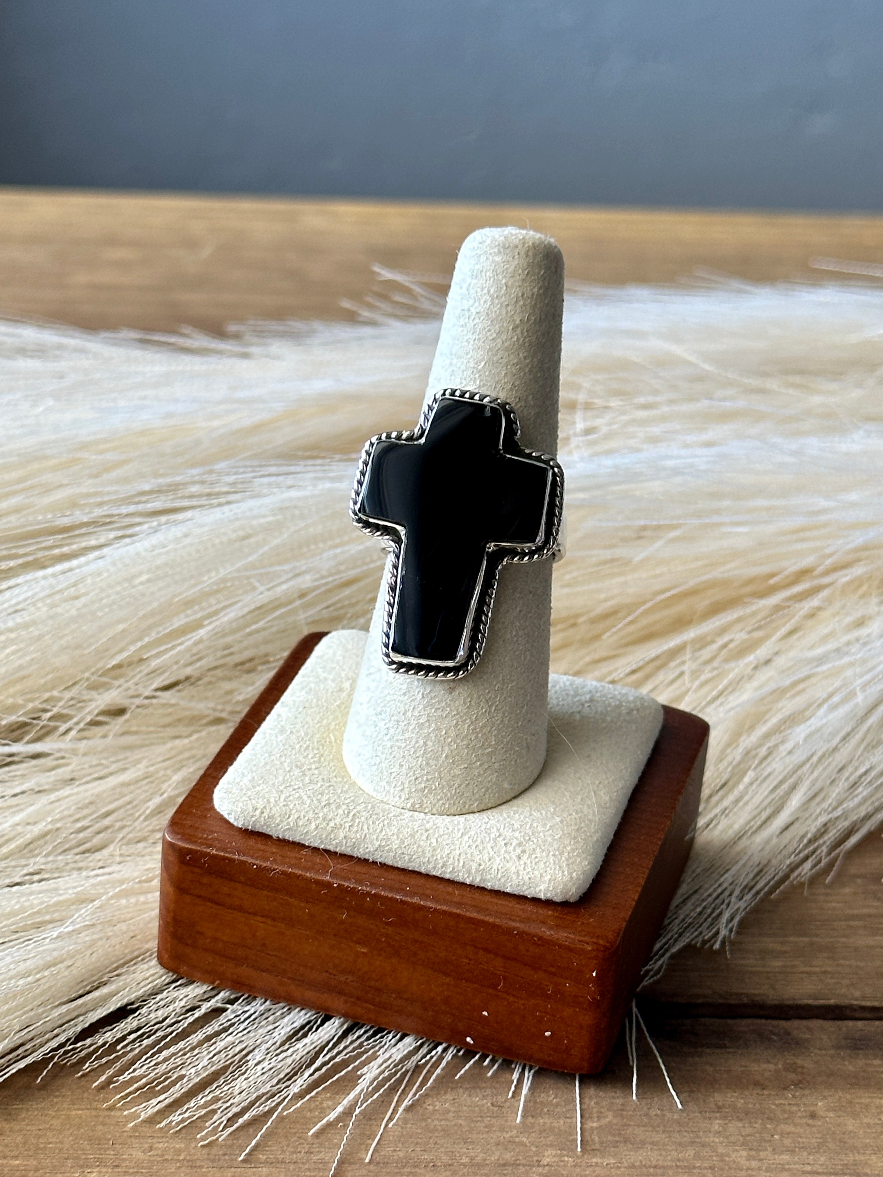 Southwest Handmade Onyx & Sterling Silver Adjustable Cross Ring