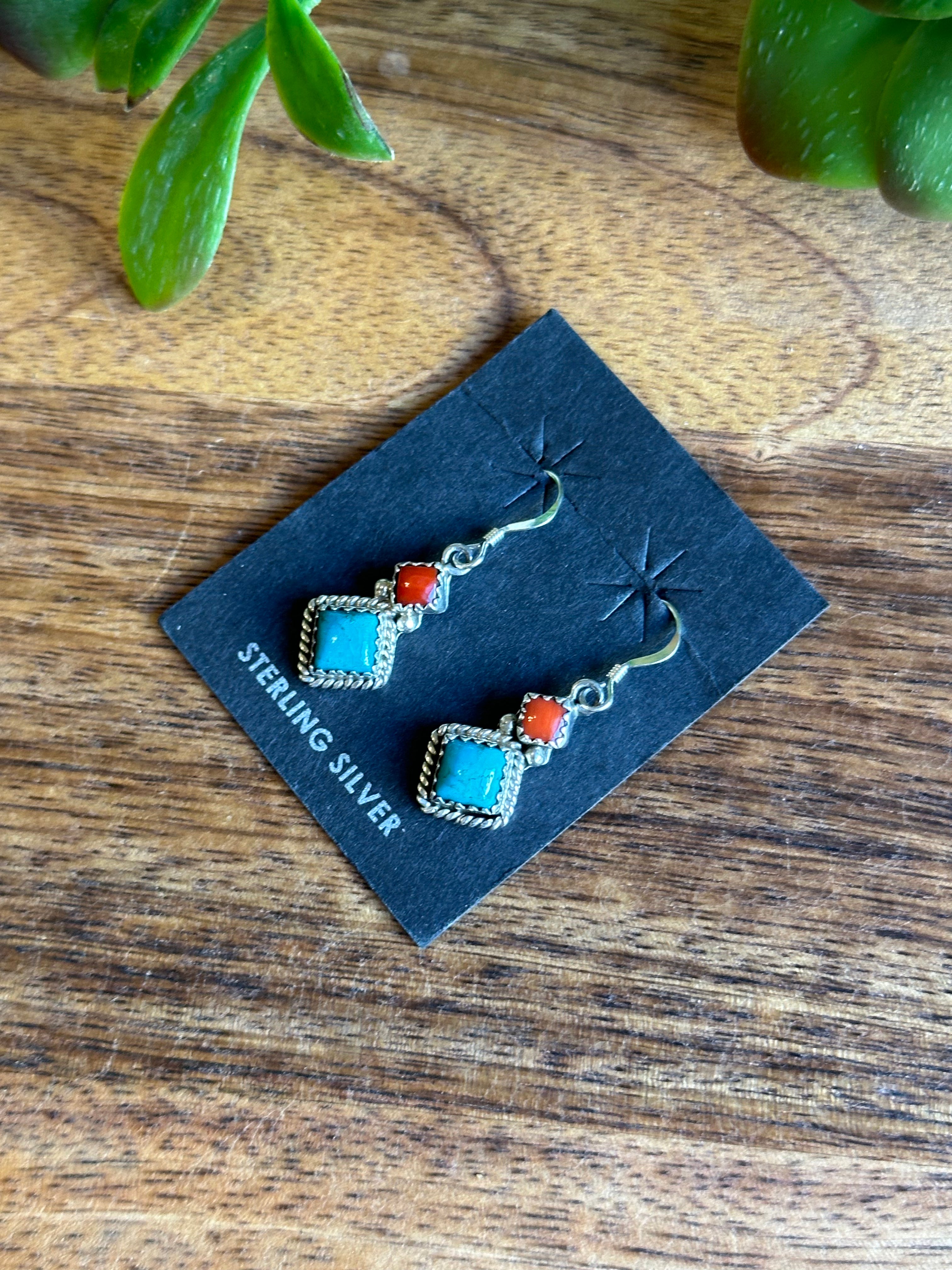 Navajo Made Multi Stone & Sterling Silver Dangle Earrings