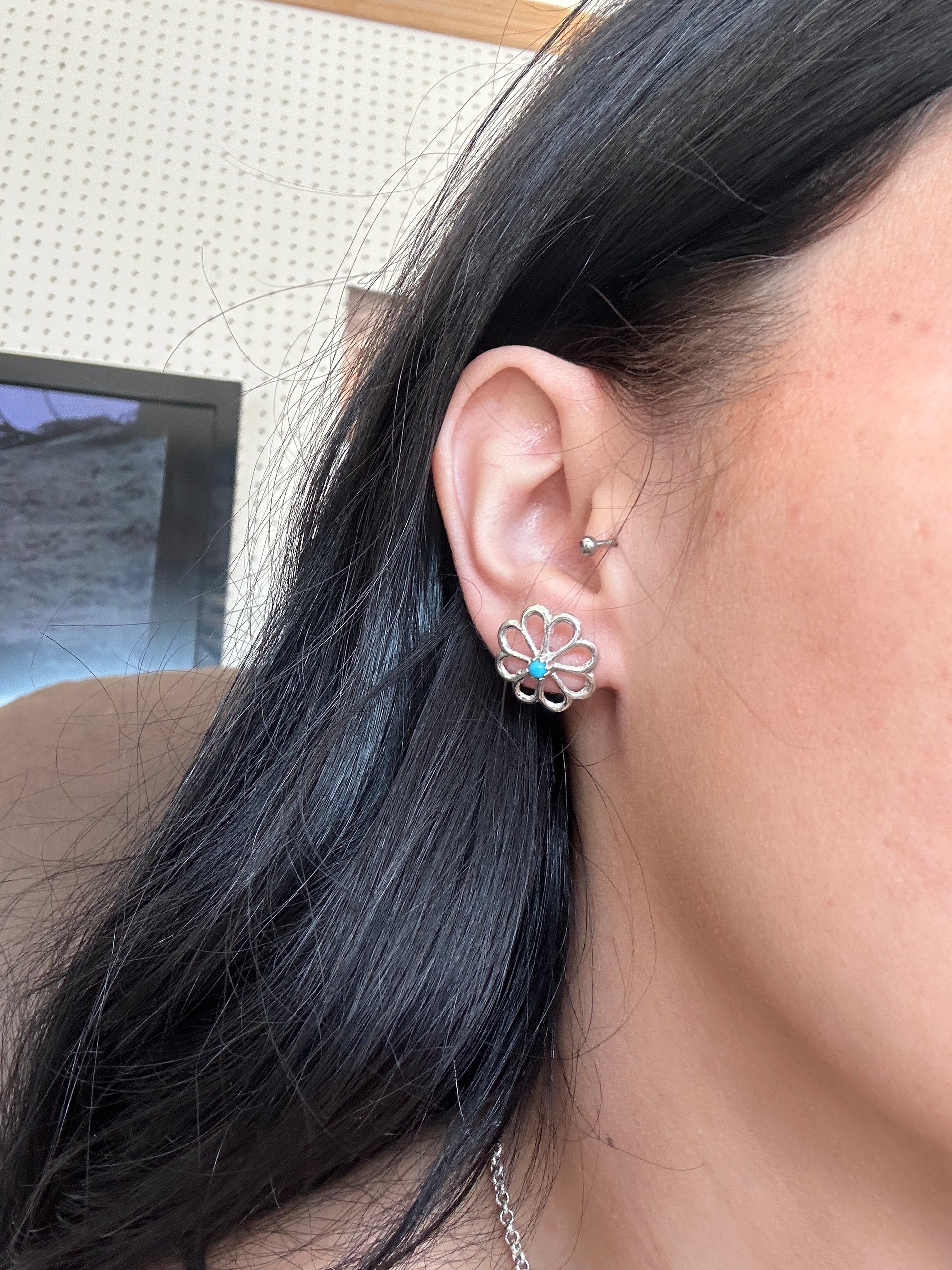 Navajo Made Kingman Turquoise & Sterling Silver Post Flower Earrings