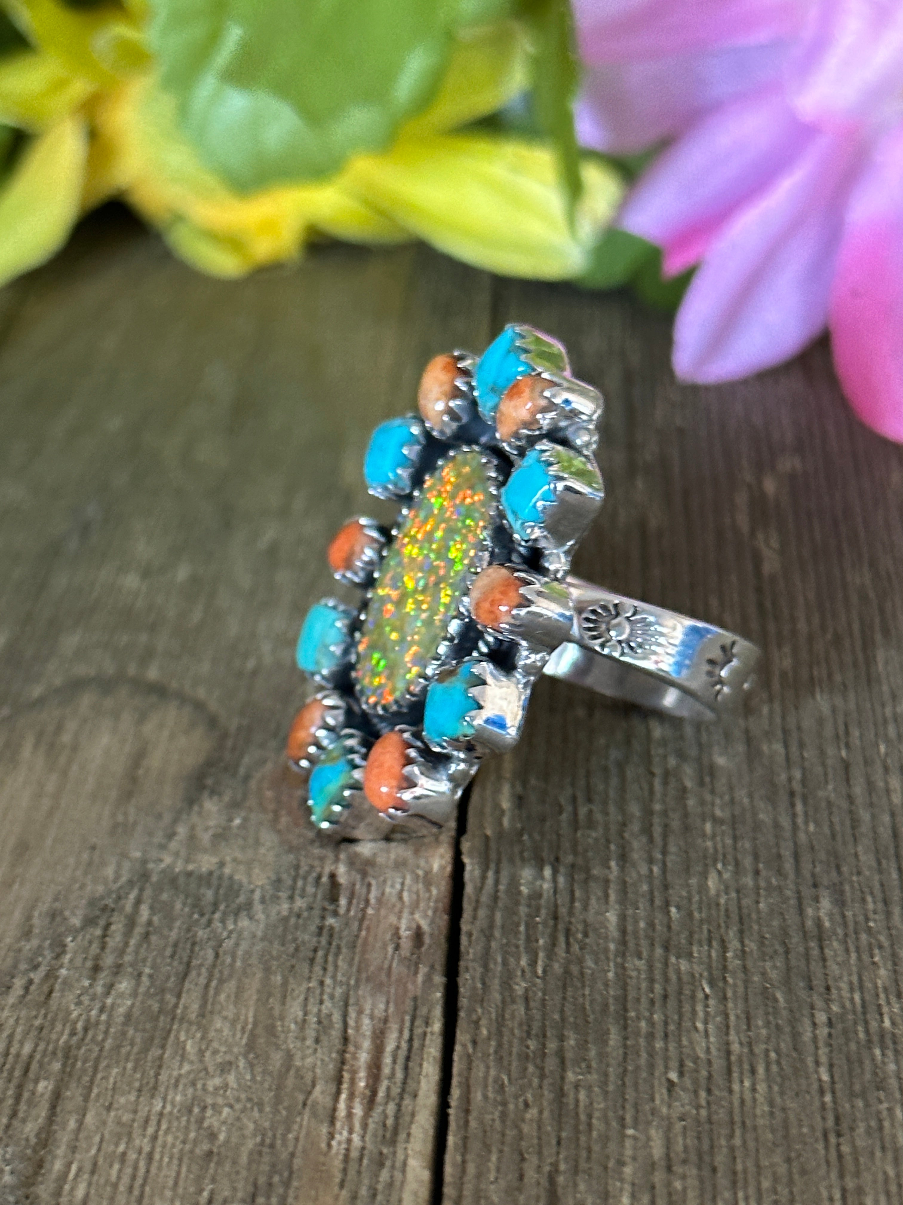 Southwest Handmade Multi Stone & Sterling Silver Adjustable Ring