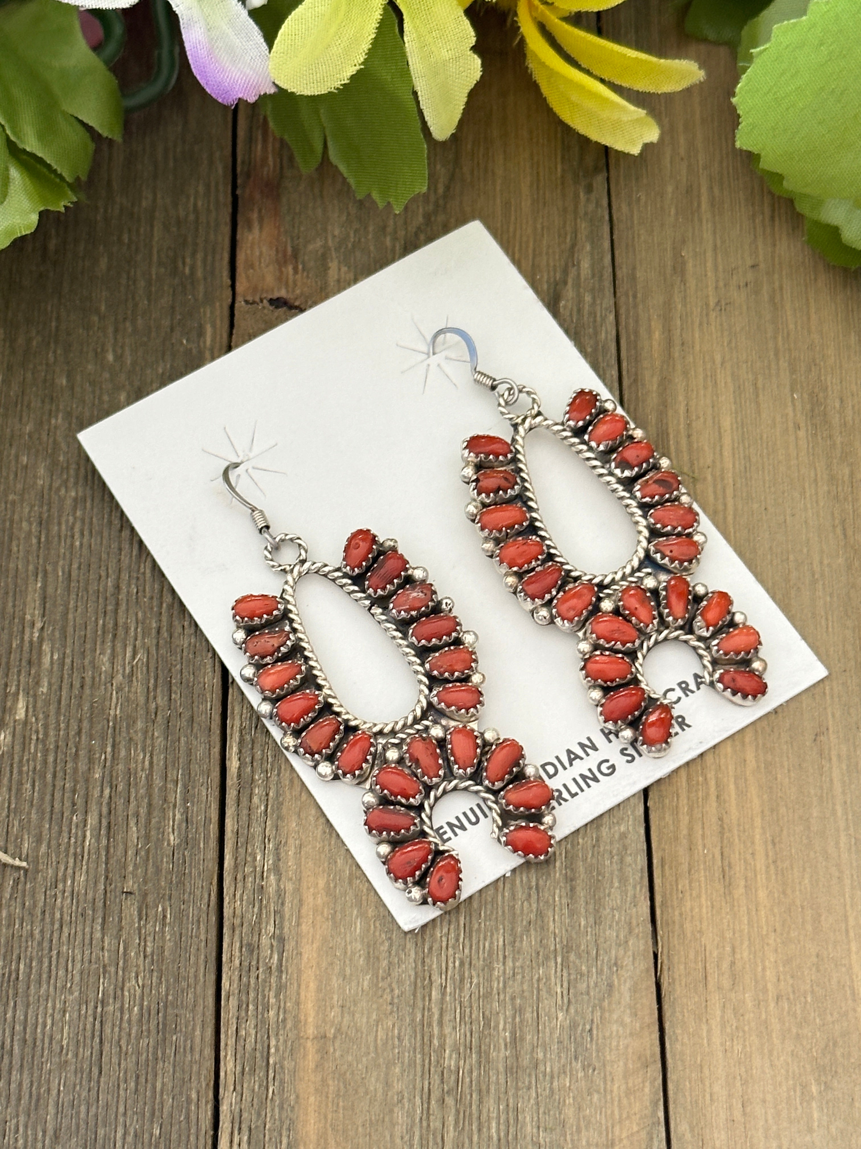 Navajo Made Mediterranean Coral & Sterling Silver Squash Dangle Earrings