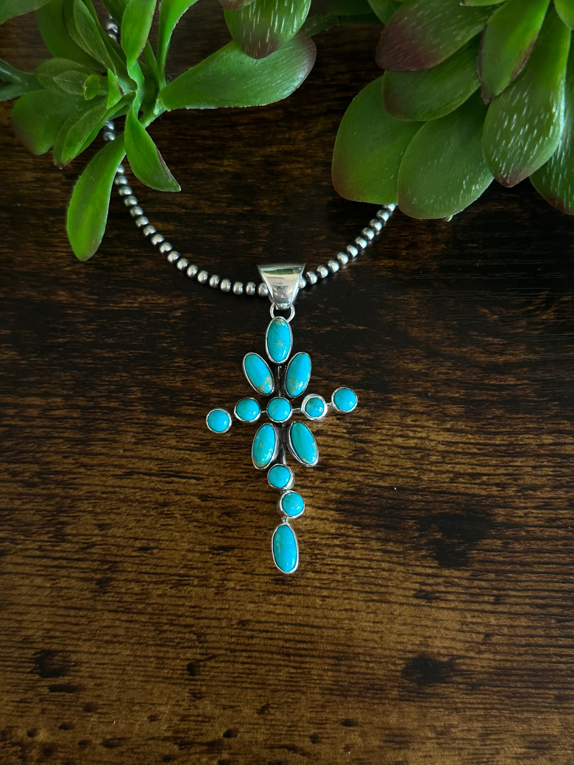 Navajo Made Kingman Turquoise & Sterling Silver Cross Pendant