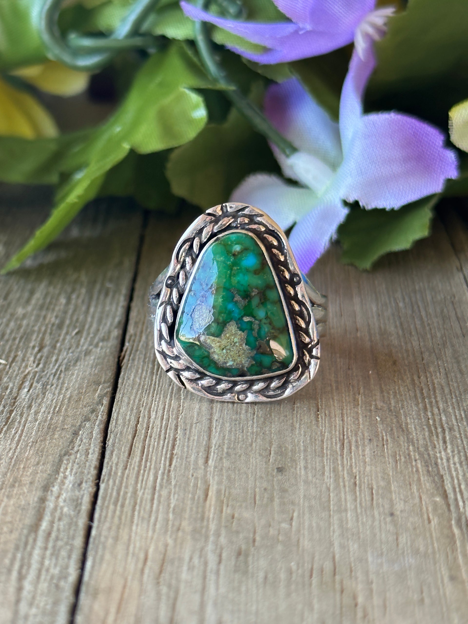 Navajo Made Sonoran Gold Turquoise & Sterling Silver Ring Size 10.75