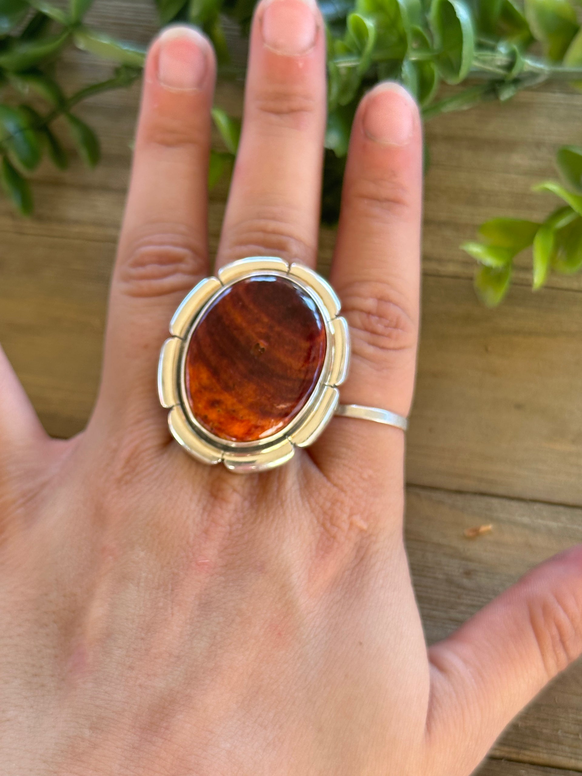 Larry Kay Spiny Oyster & Sterling Silver Adjustable Ring