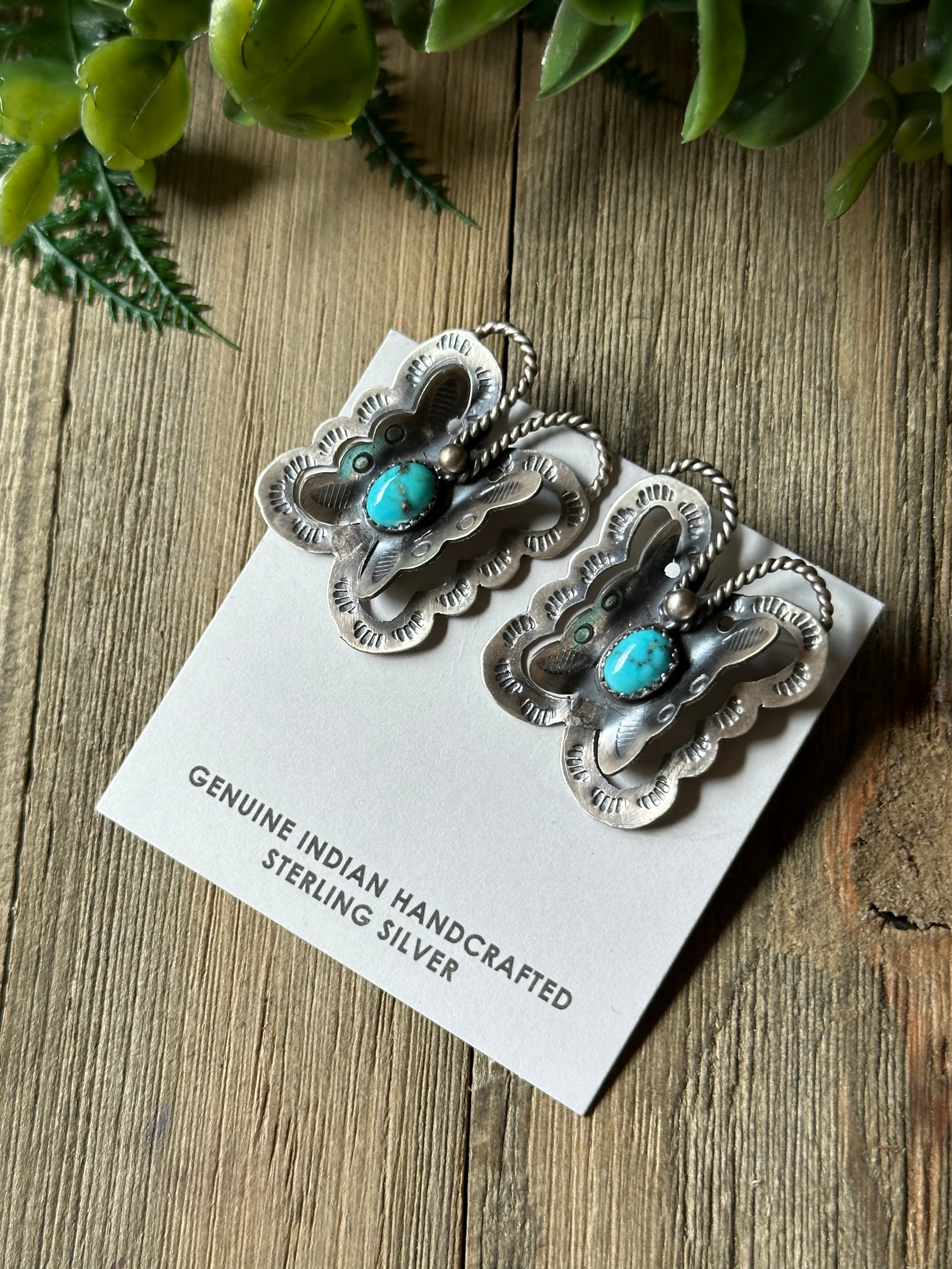 Tim Yazzie Kingman Turquoise & Sterling Silver Post Dangle Butterfly Earrings
