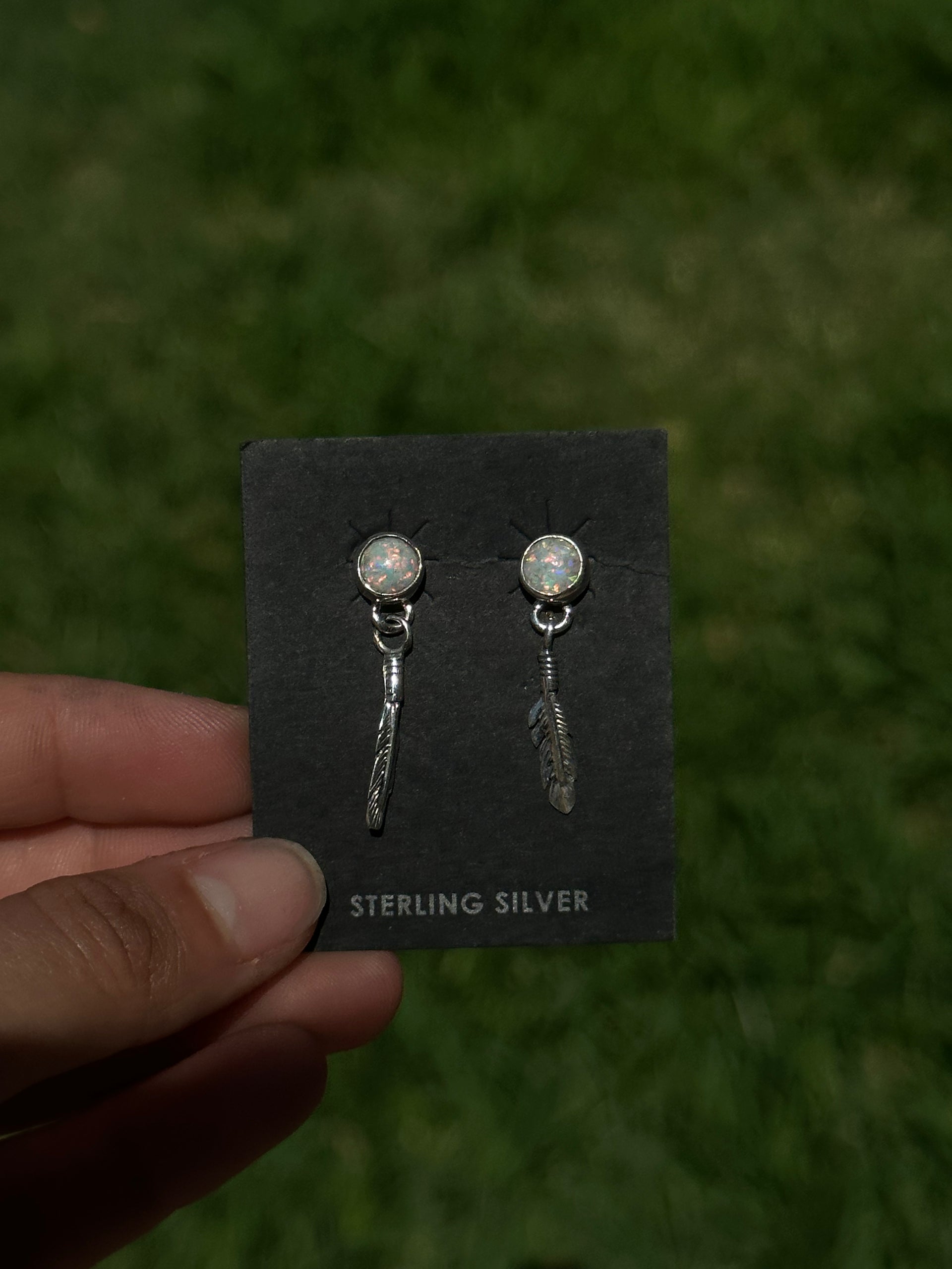 Navajo Made Opal & Sterling Silver Post Dangle Feather Earrings