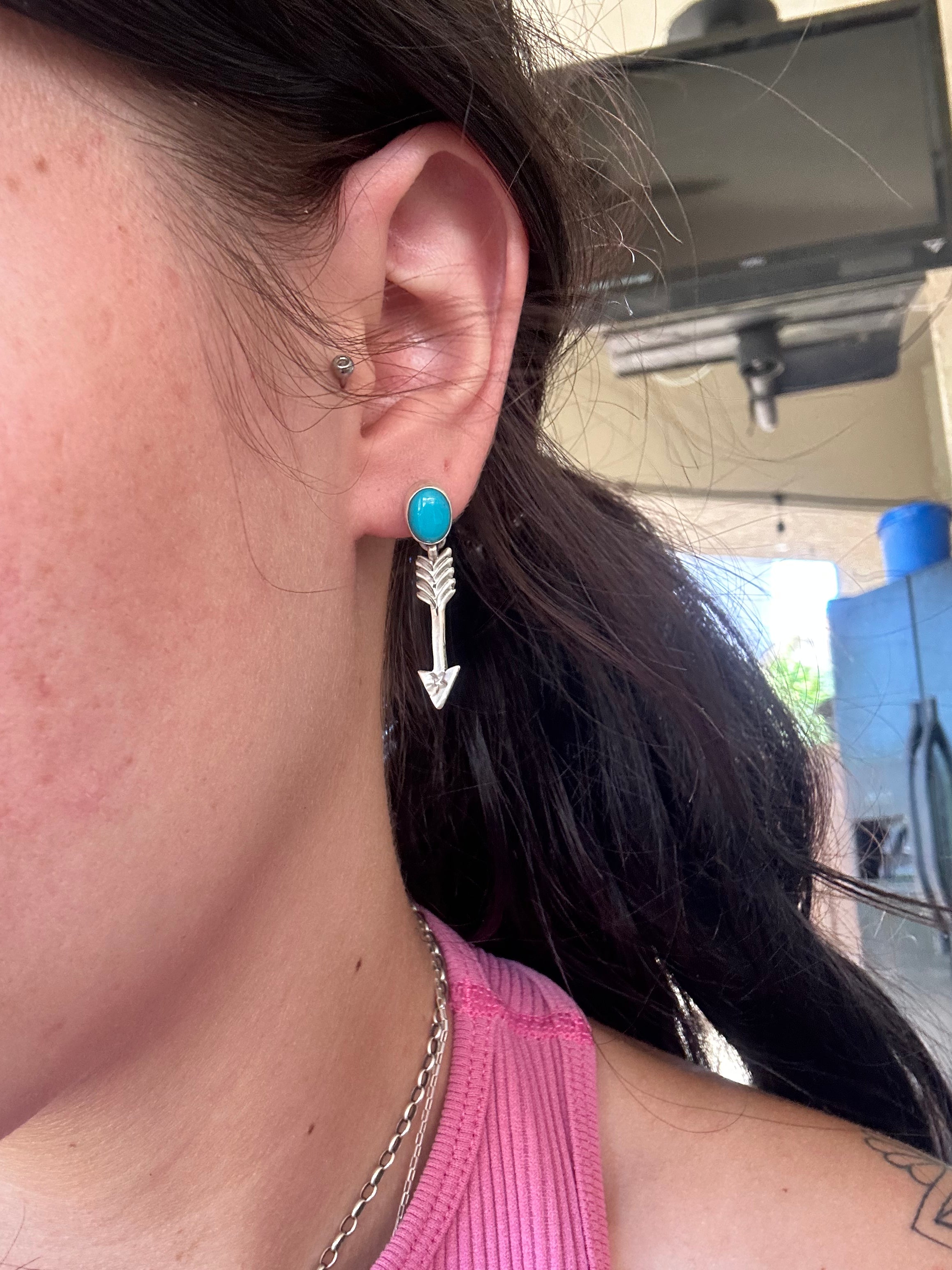 Navajo Made Kingman Turquoise Sterling Silver Post Dangle Arrow Earrings