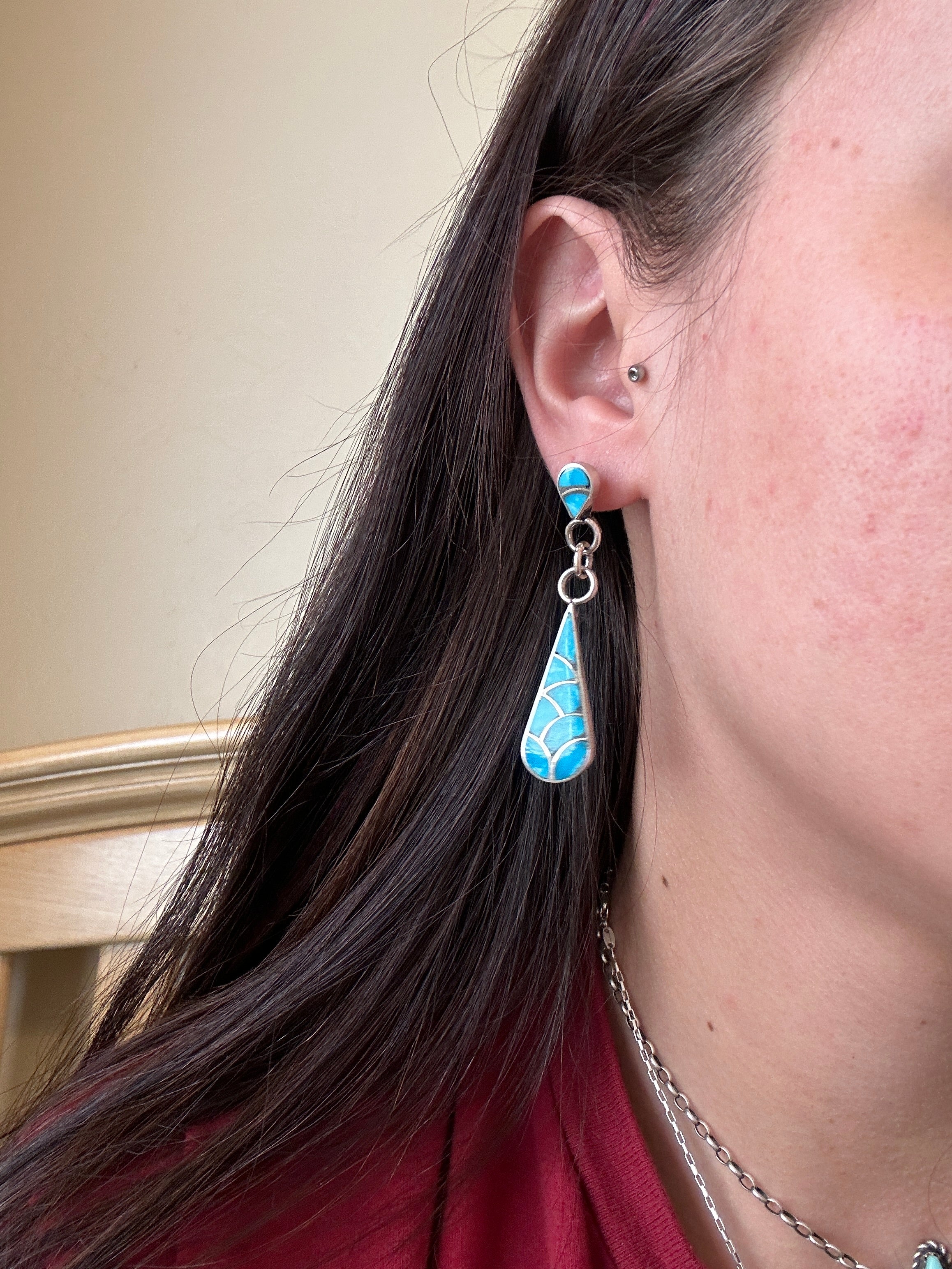 Zuni Made Kingman Turquoise & Sterling Silver Inlay Dangle Post Earrings