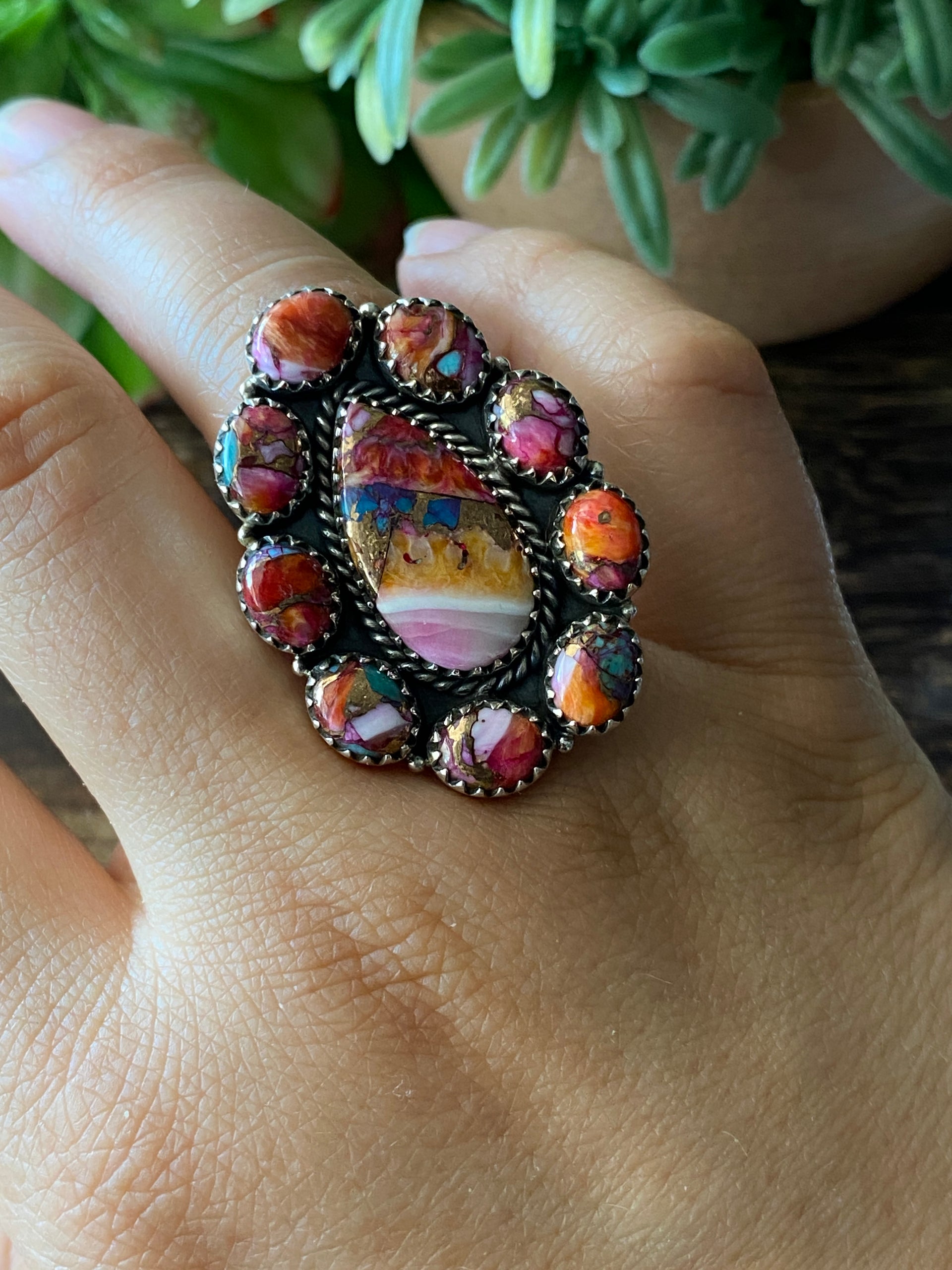 Southwest Handmade Multi Stone & Sterling Silver Adjustable Cluster Ring