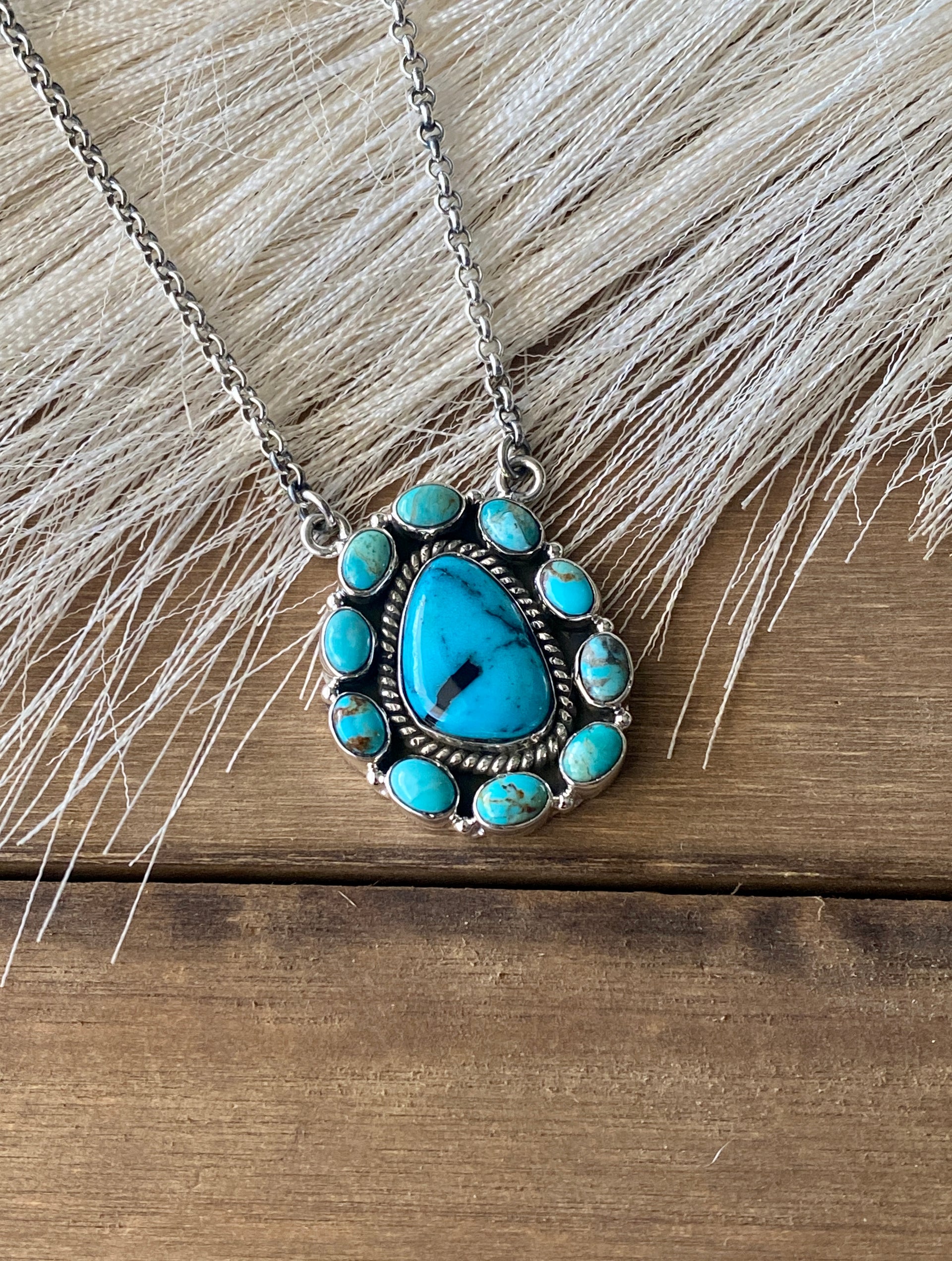 Southwest Handmade Kingman Turquoise & Sterling Silver Cluster Necklace