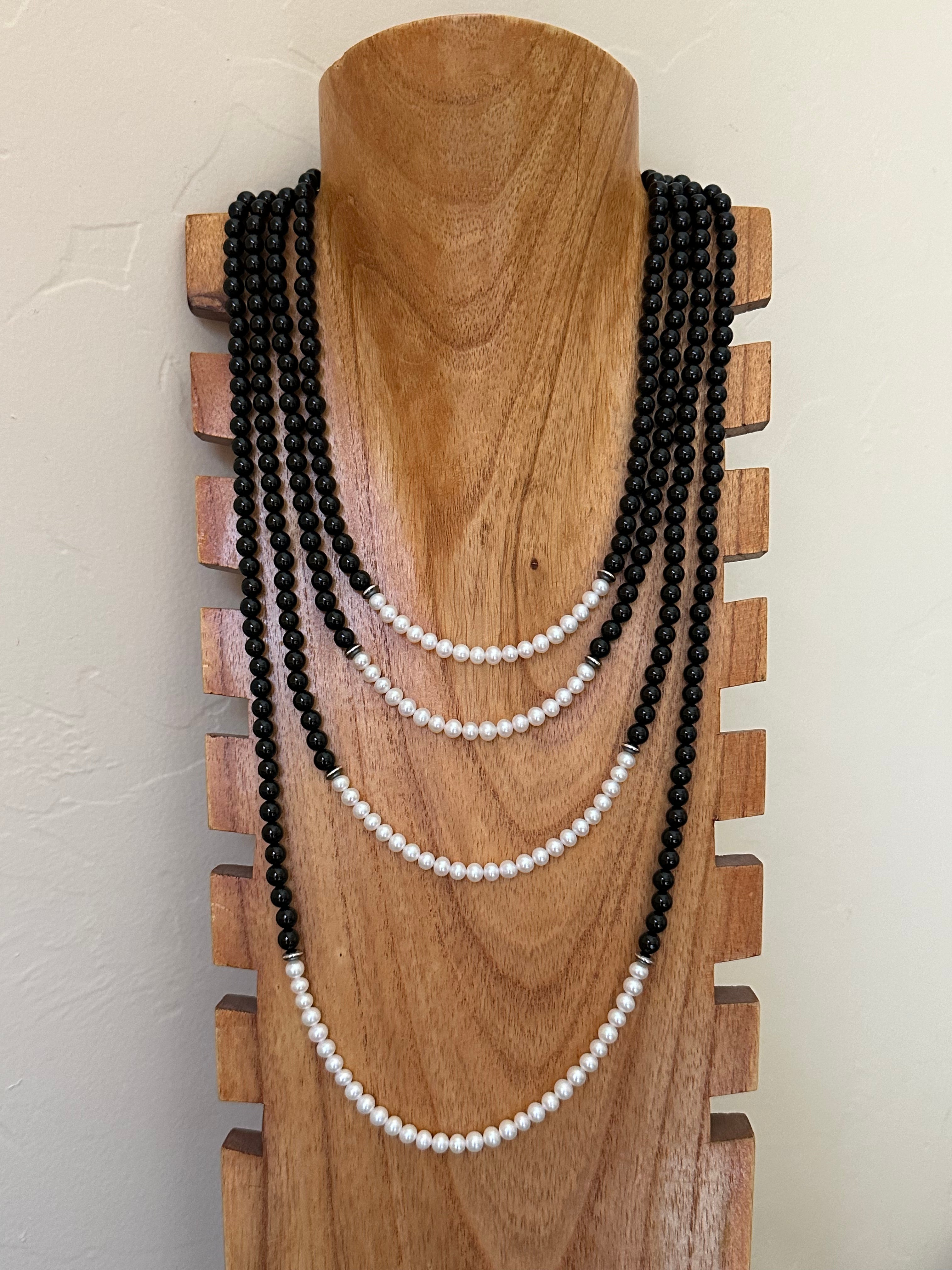Navajo Strung Onyx & Fresh Wayer Pearls & Sterling Silver Beaded Necklace