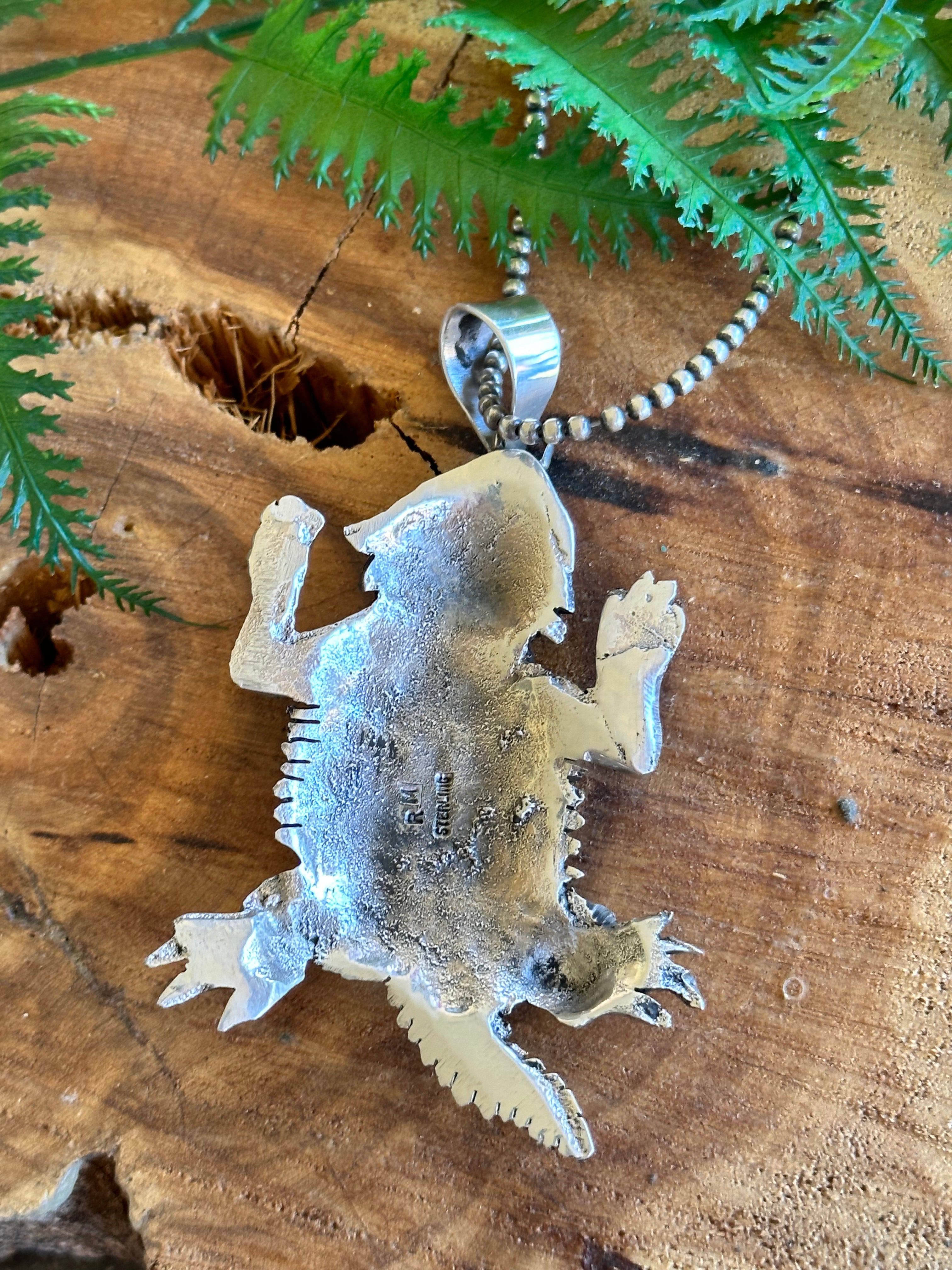 Navajo Made Kingman Turquoise & Sterling Silver Horny Toad Pendant