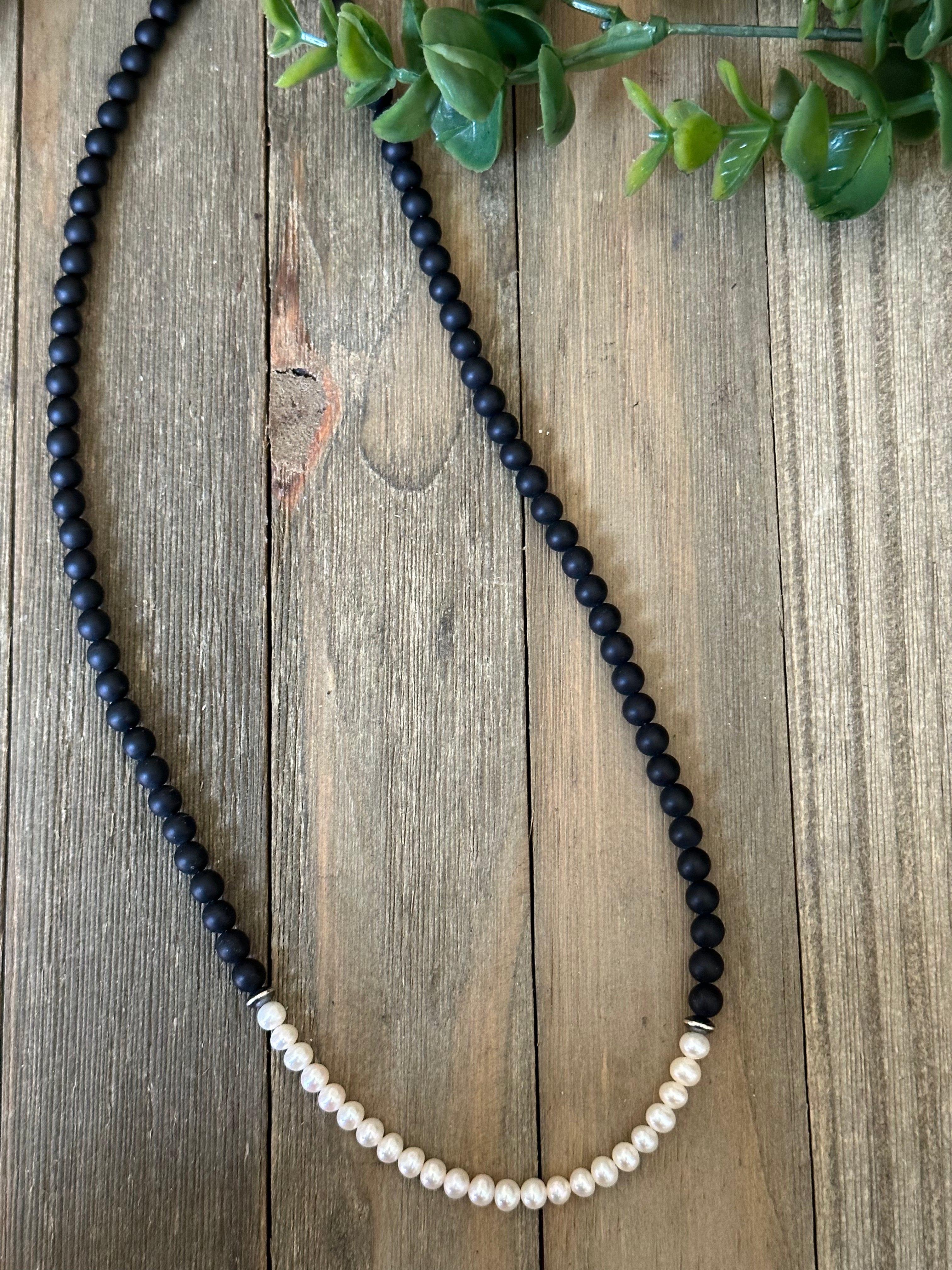 Navajo Strung Onyx & Fresh Wayer Pearls & Sterling Silver Beaded Necklace