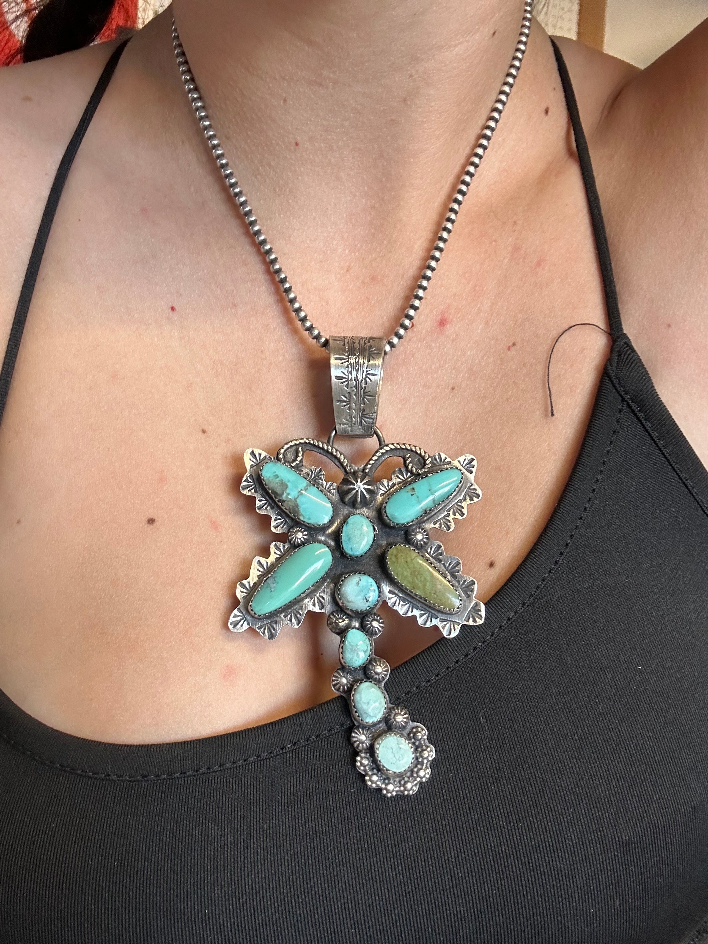 Navajo Made Kingman Turquoise & Sterling Silver Butterfly Pendant