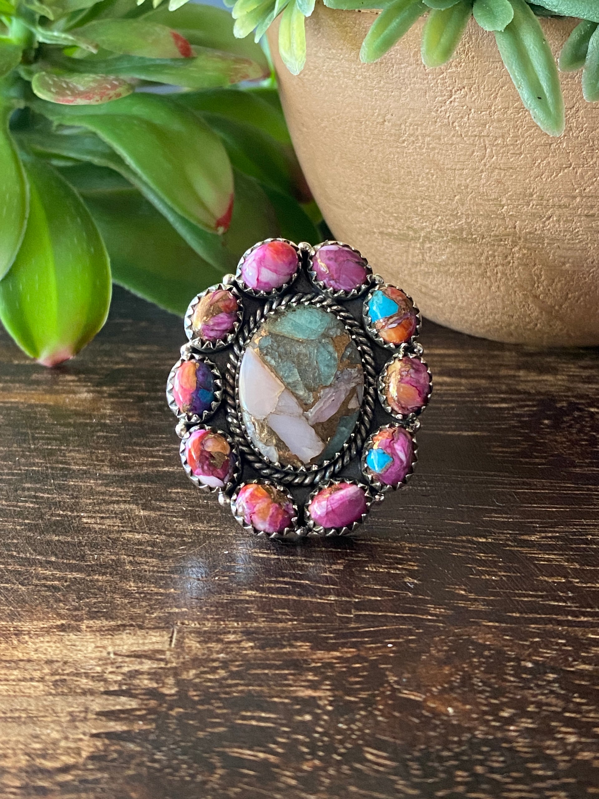 Southwest Handmade Multi Stone & Sterling Silver Adjustable Cluster Ring