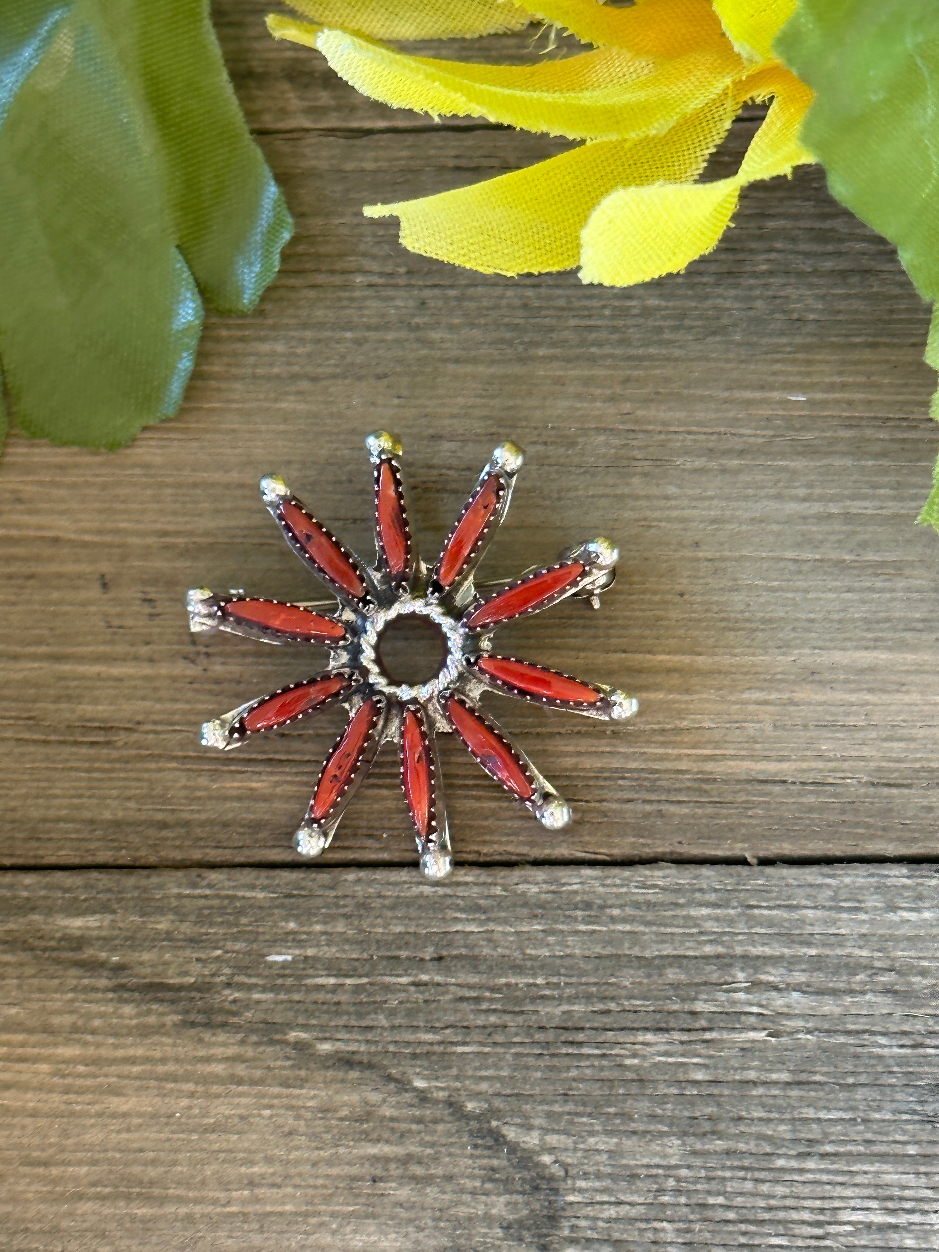 Zuni Made Red Coral & Sterling Silver Pin/Pendant