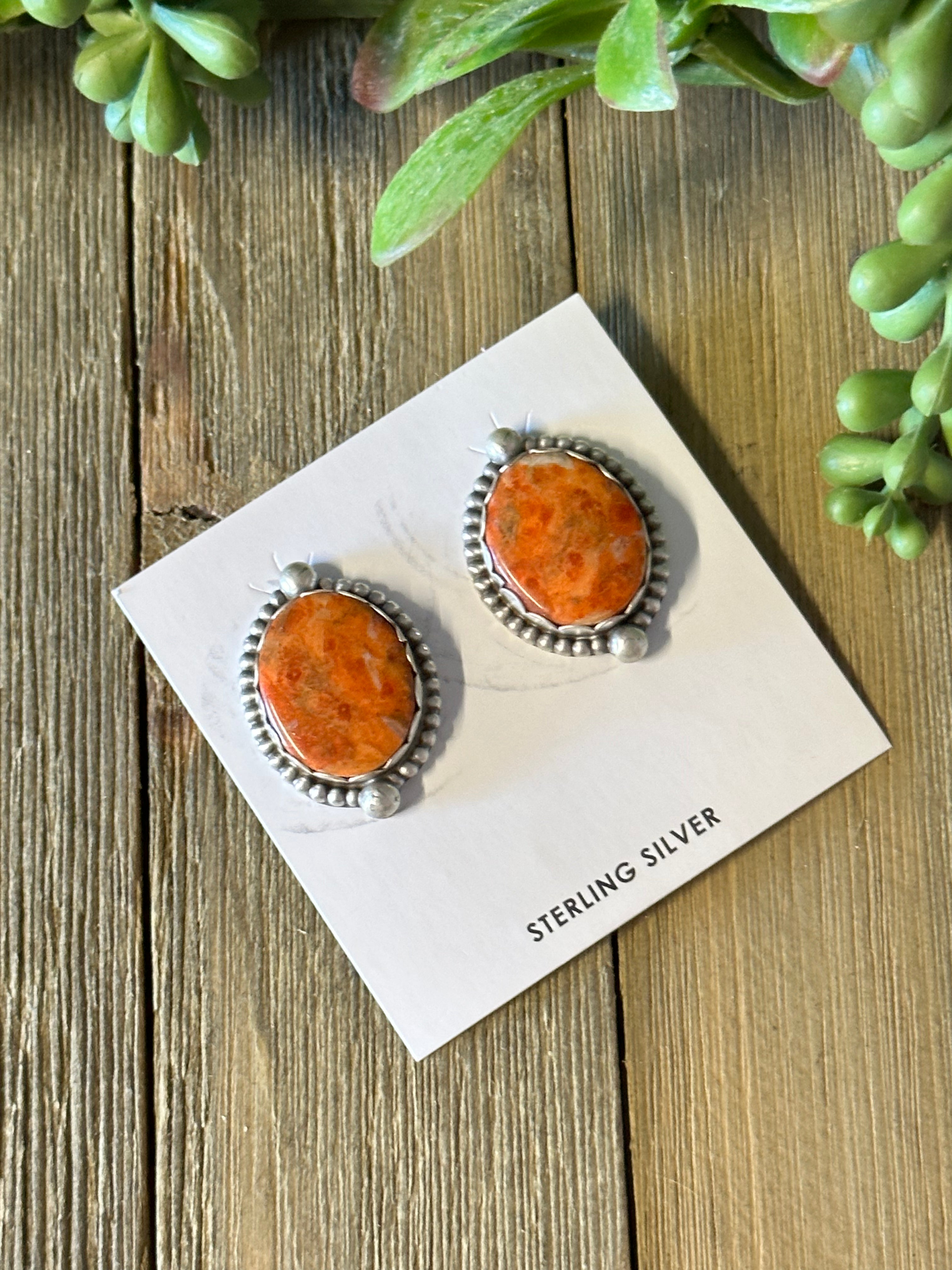 Navajo Made Apple Coral & Sterling Silver Post Earrings