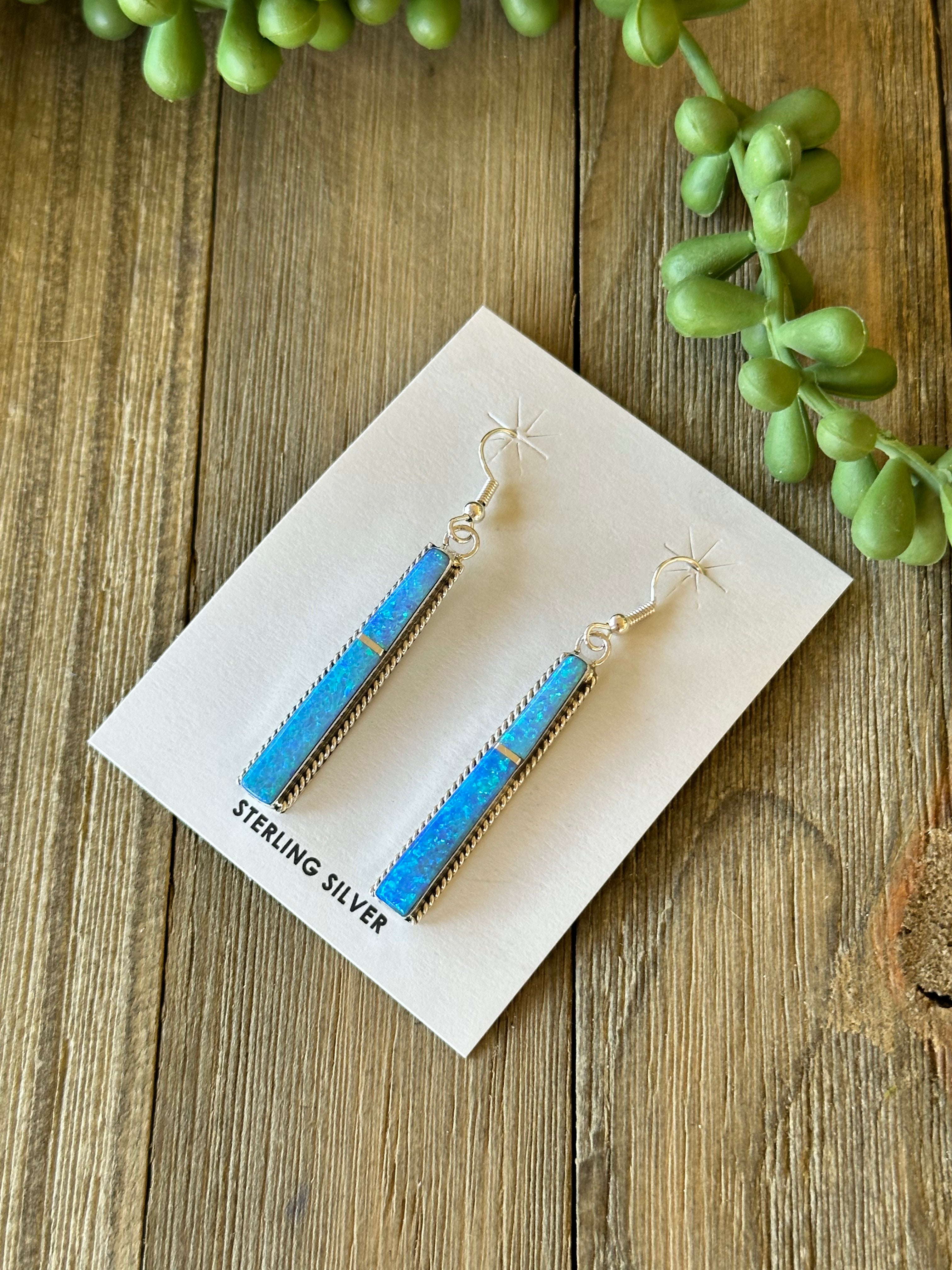 Navajo Made Blue Opal (Man Made) & Sterling Silver Dangle Earrings