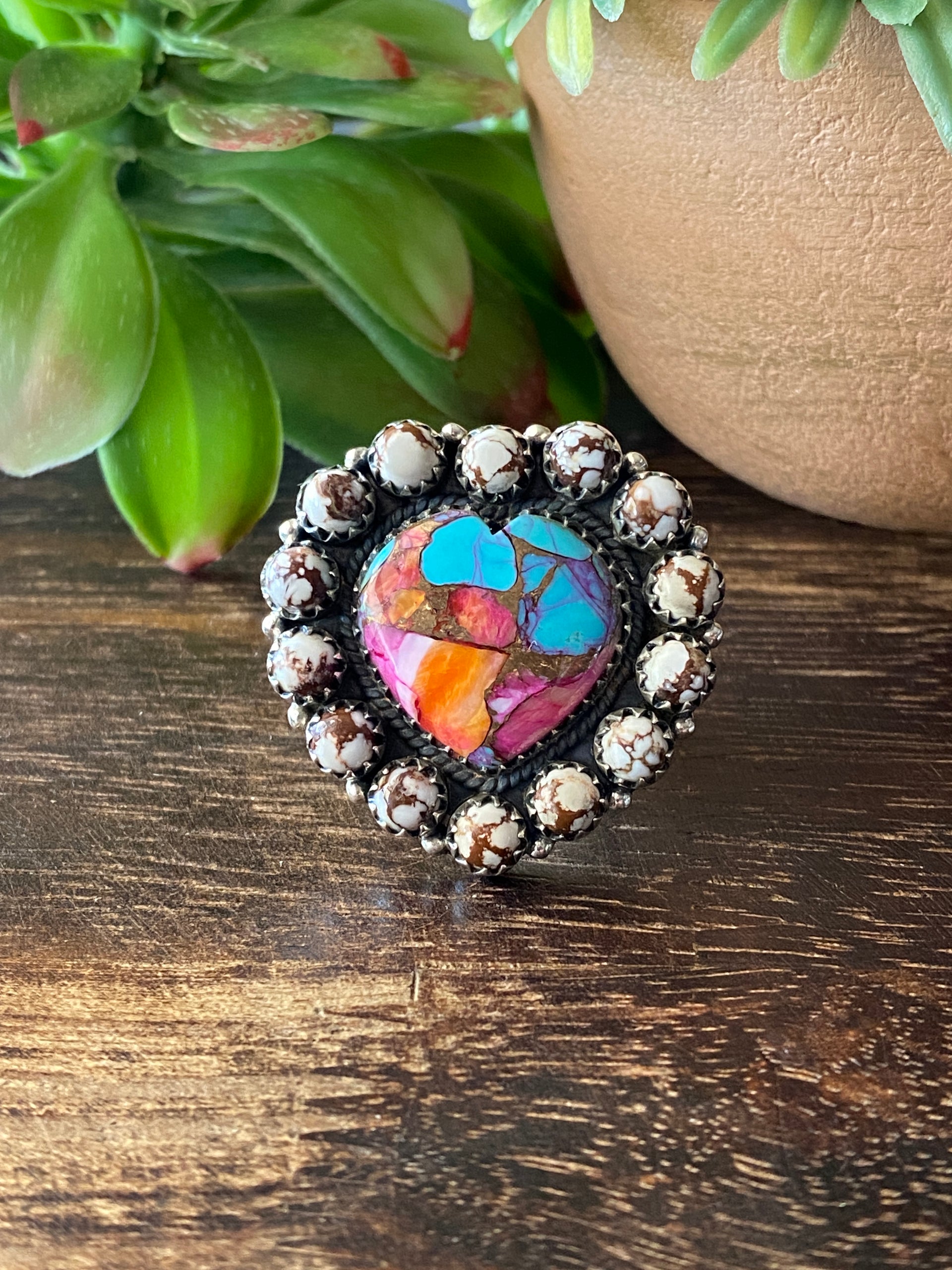 Southwest Handmade Multi Stone & Sterling Silver Adjustable Cluster Ring