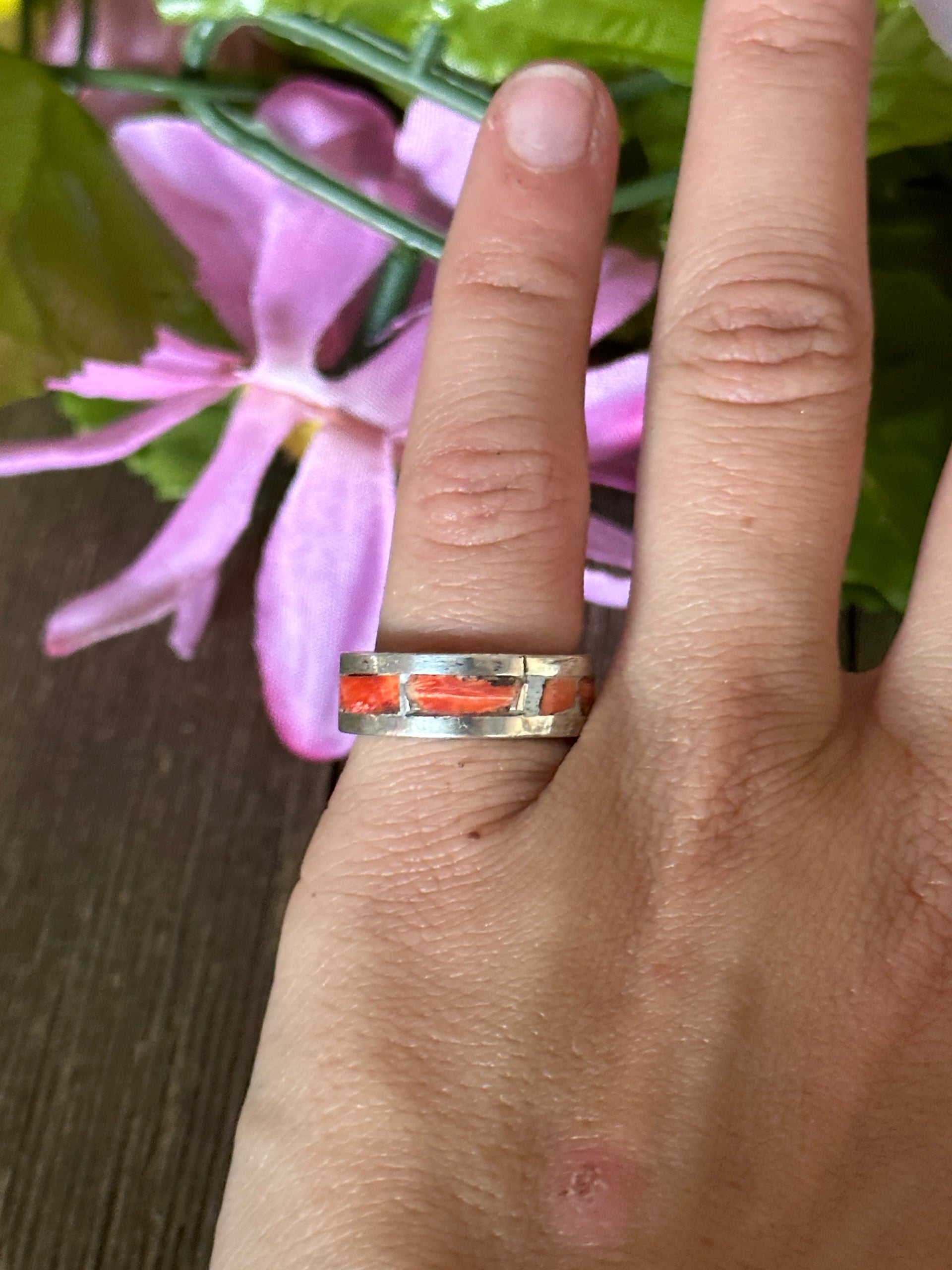 Navajo Made Red Spiny Oyster & Sterling Silver Ring
