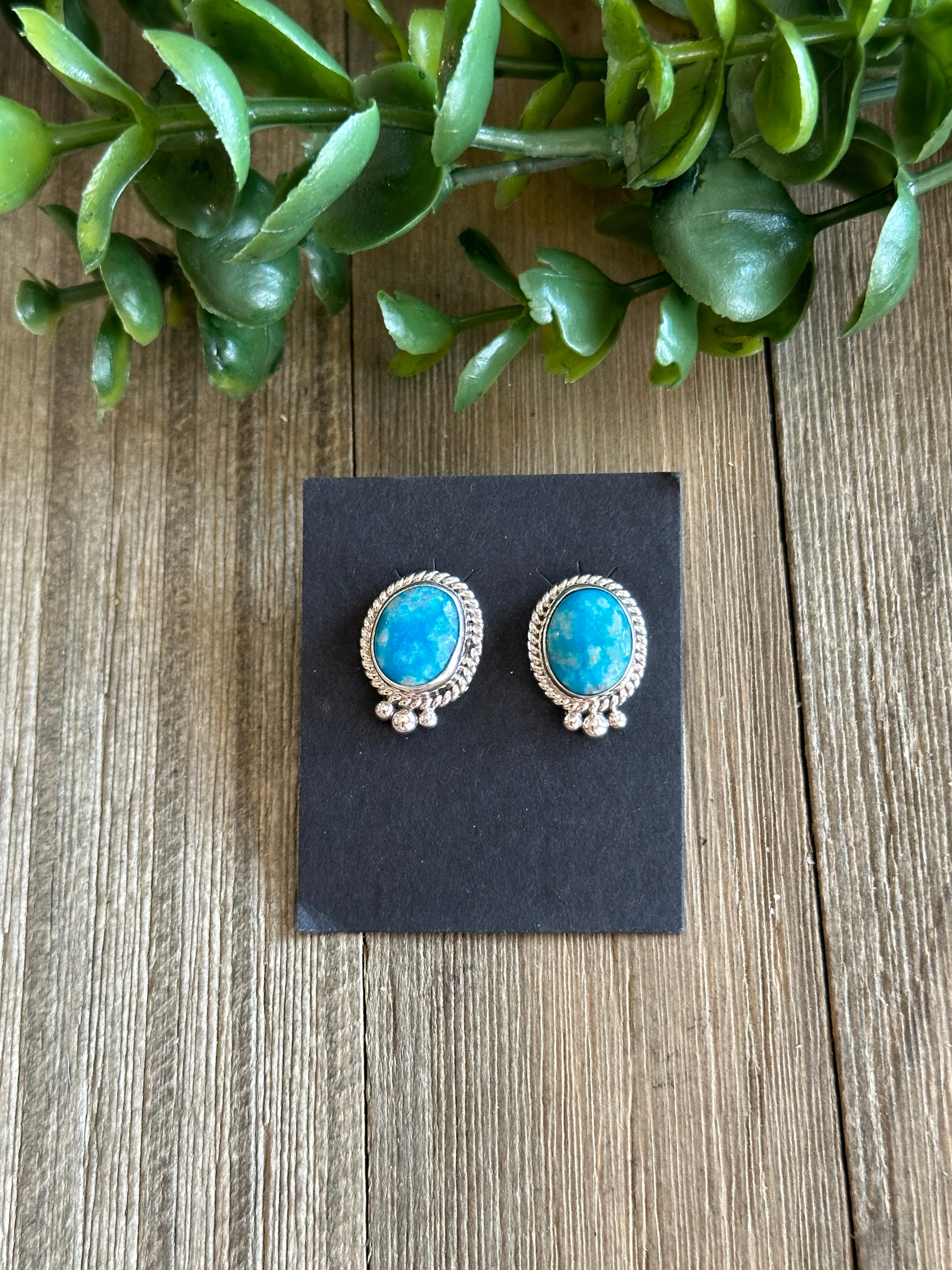 Navajo Made Kingman Turquoise & Sterling Silver Post Earrings