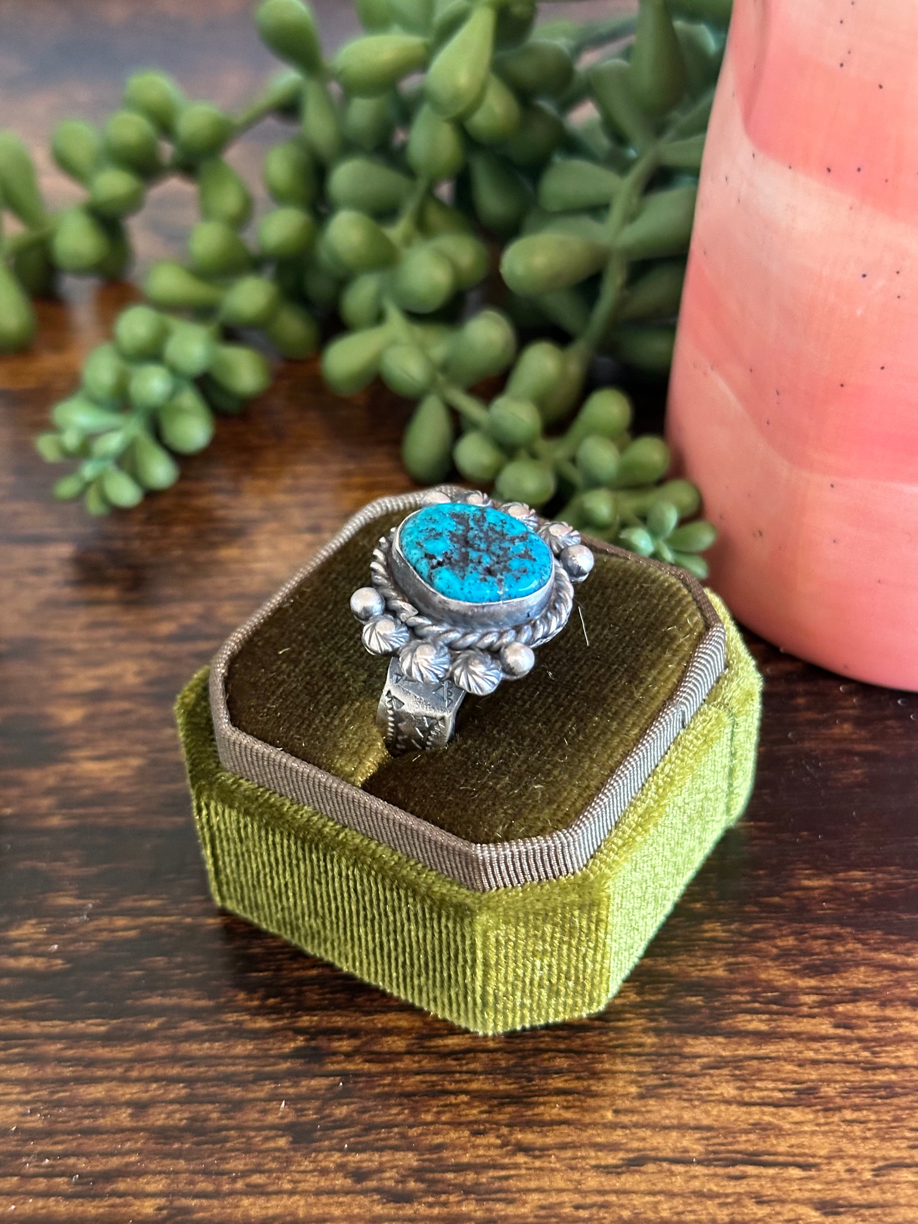 Navajo Made Kingman Turquoise & Sterling Silver Ring Size 9