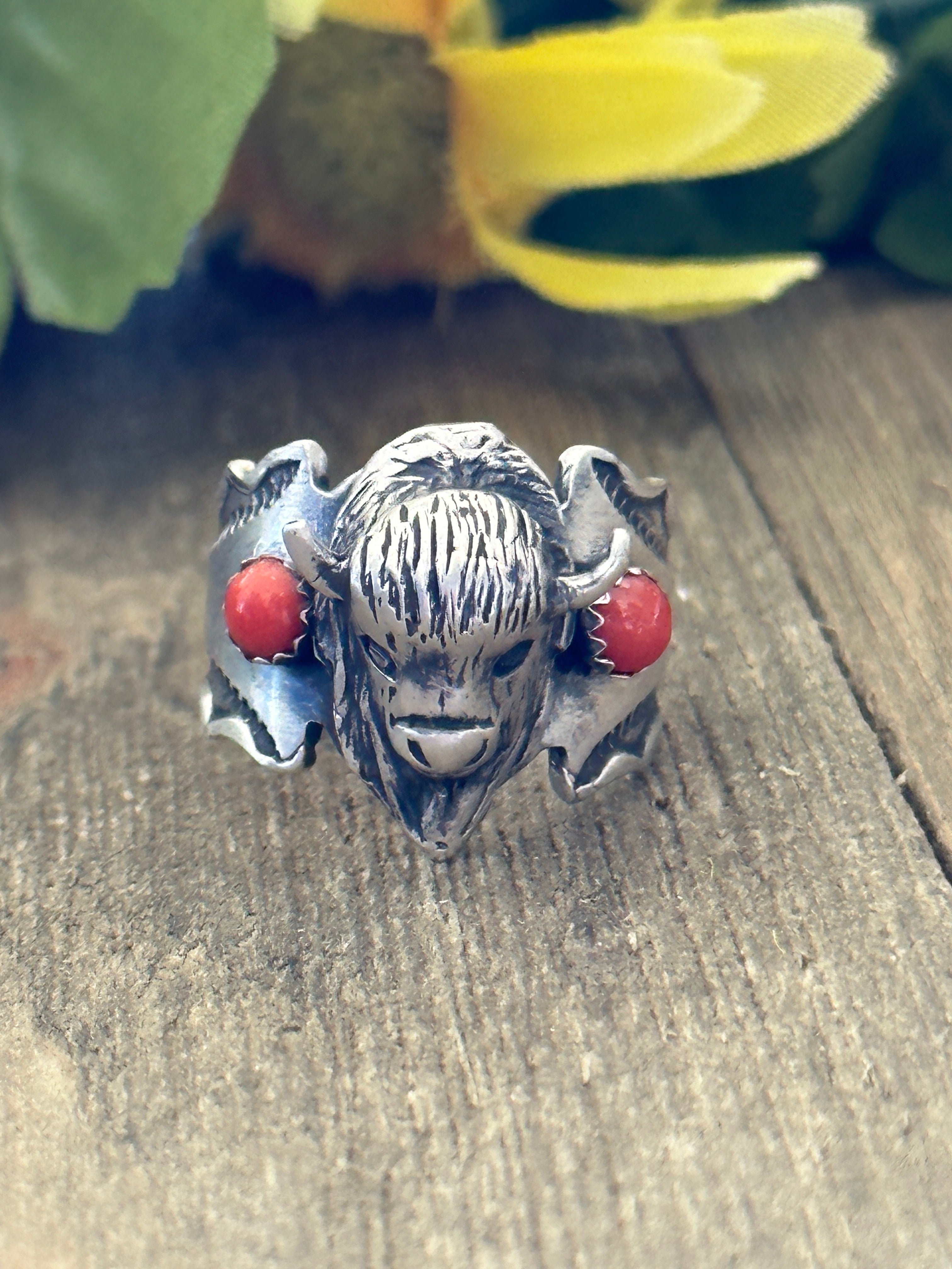 Navajo Made Coral & Sterling Silver Buffalo Ring