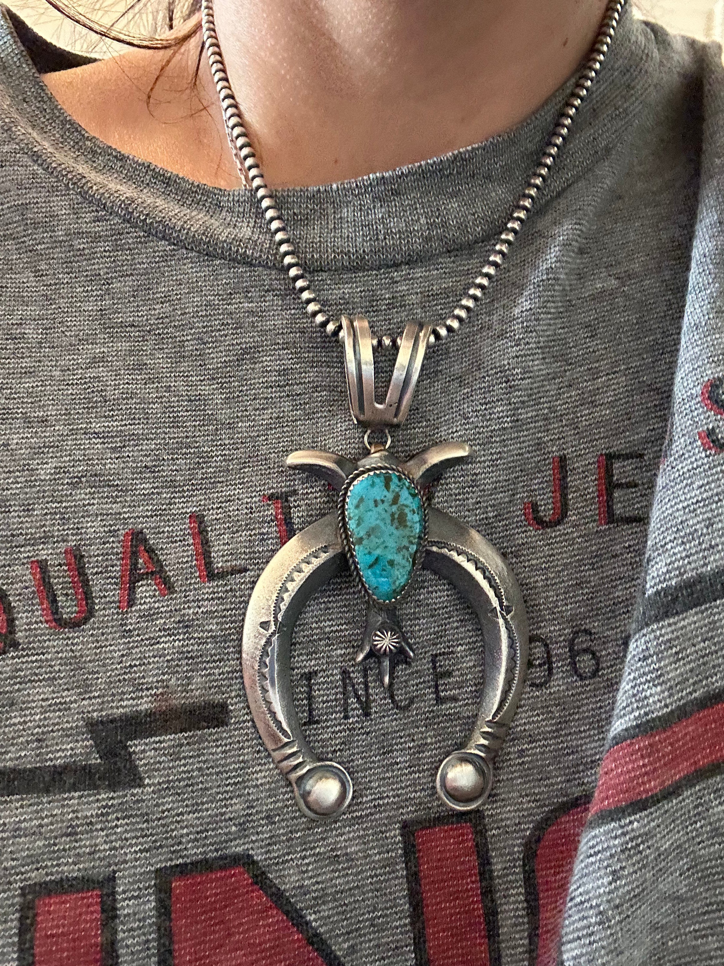 Navajo Made Kingman Turquoise & Sterling Silver Naja Pendant