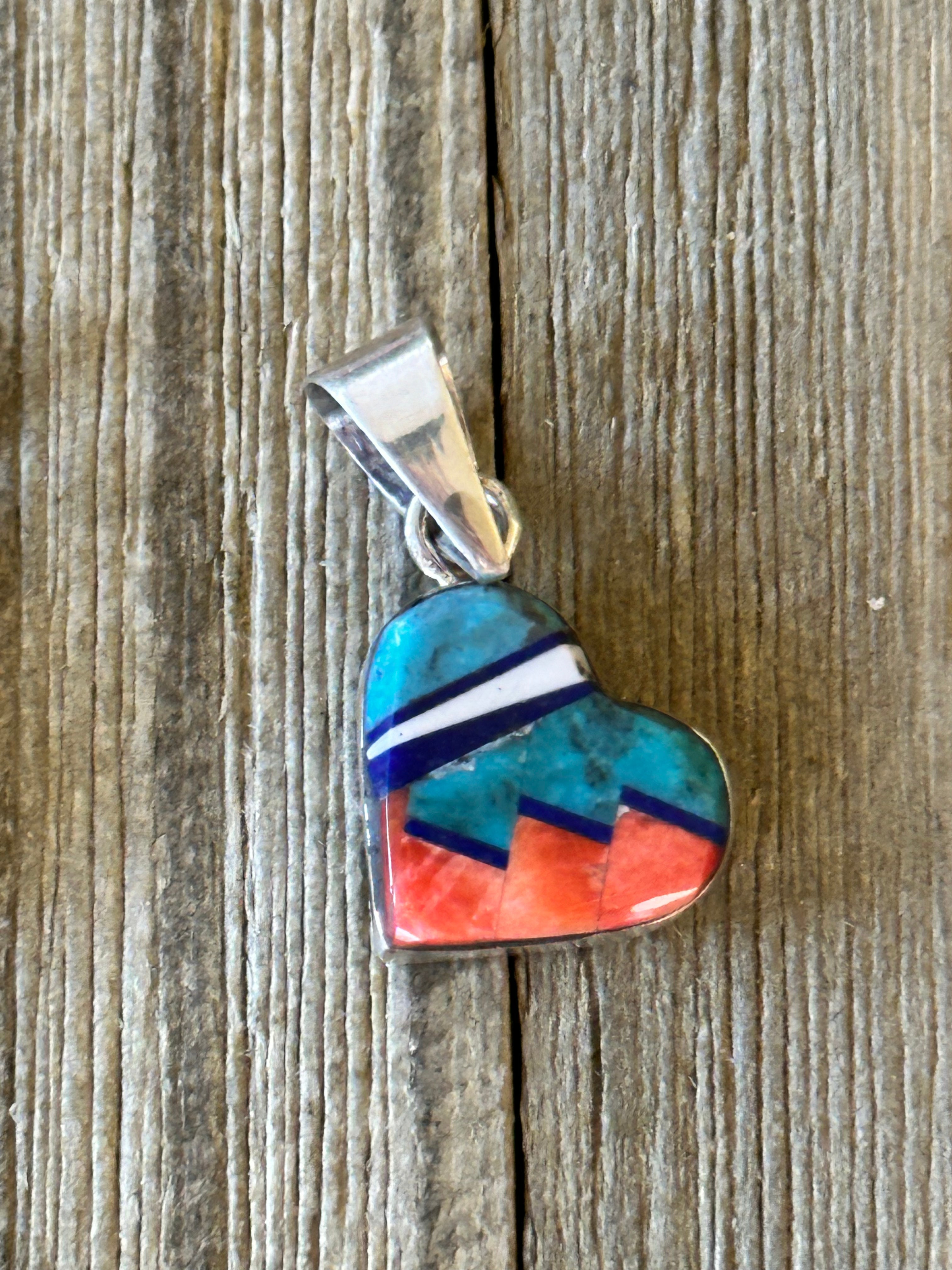 Navajo Made Multi Stone & Sterling Silver Inlay Heart Pendant