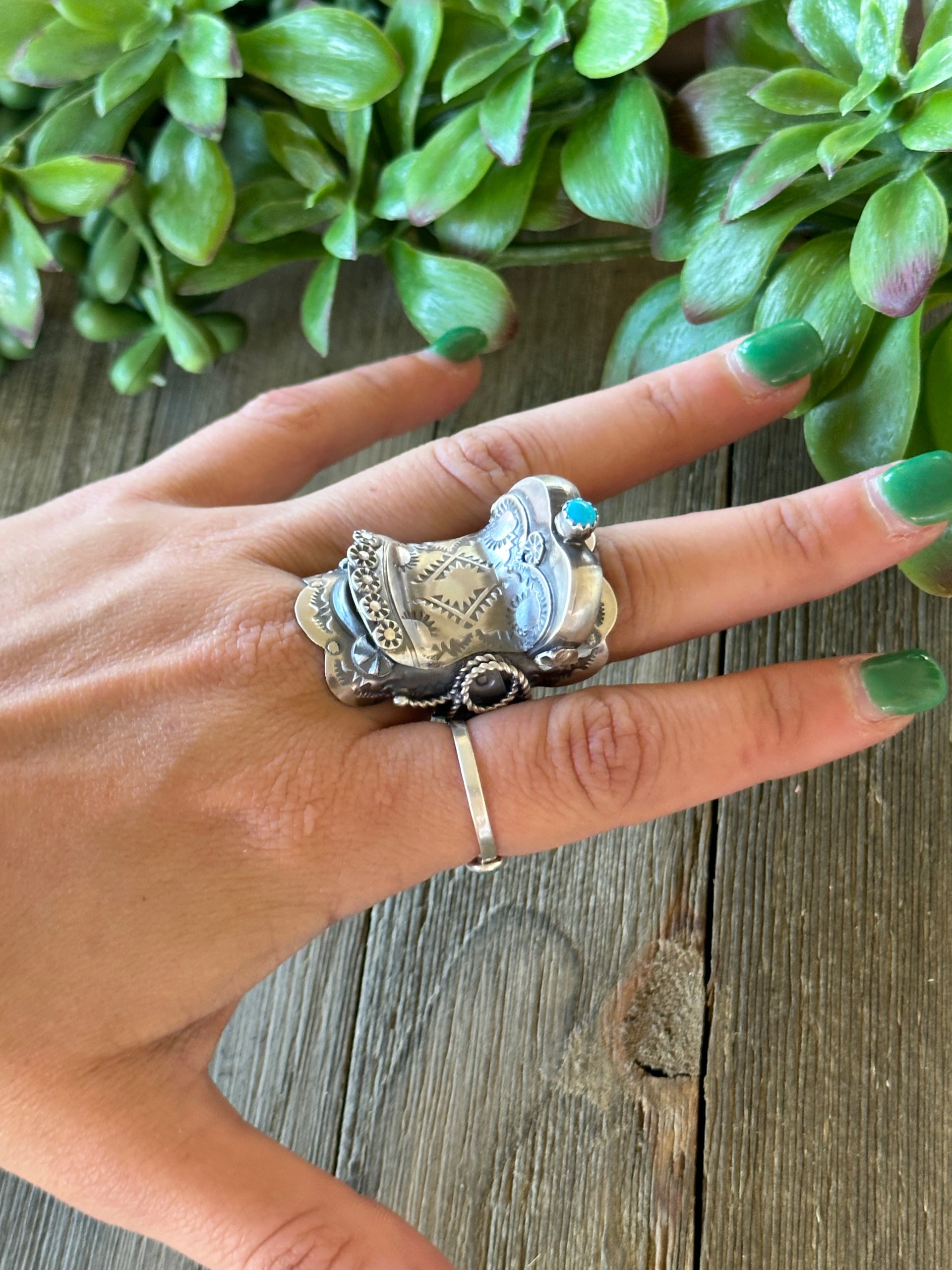 Tim Yazzie Kingman Turquoise & Sterling Silver Saddle Ring Size 7