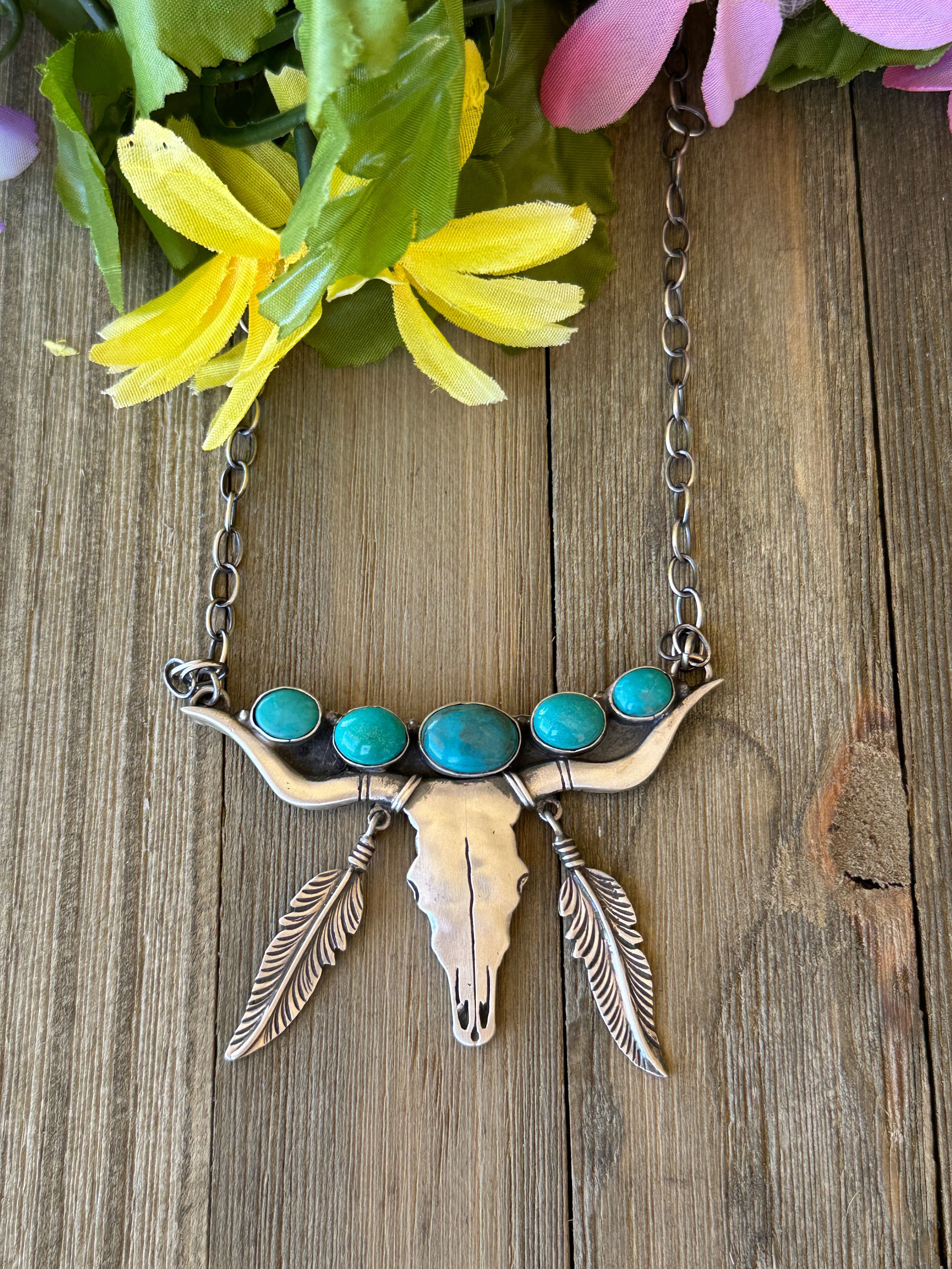 Navajo Made Kingman Turquoise & Sterling Silver Bull Skull Necklace