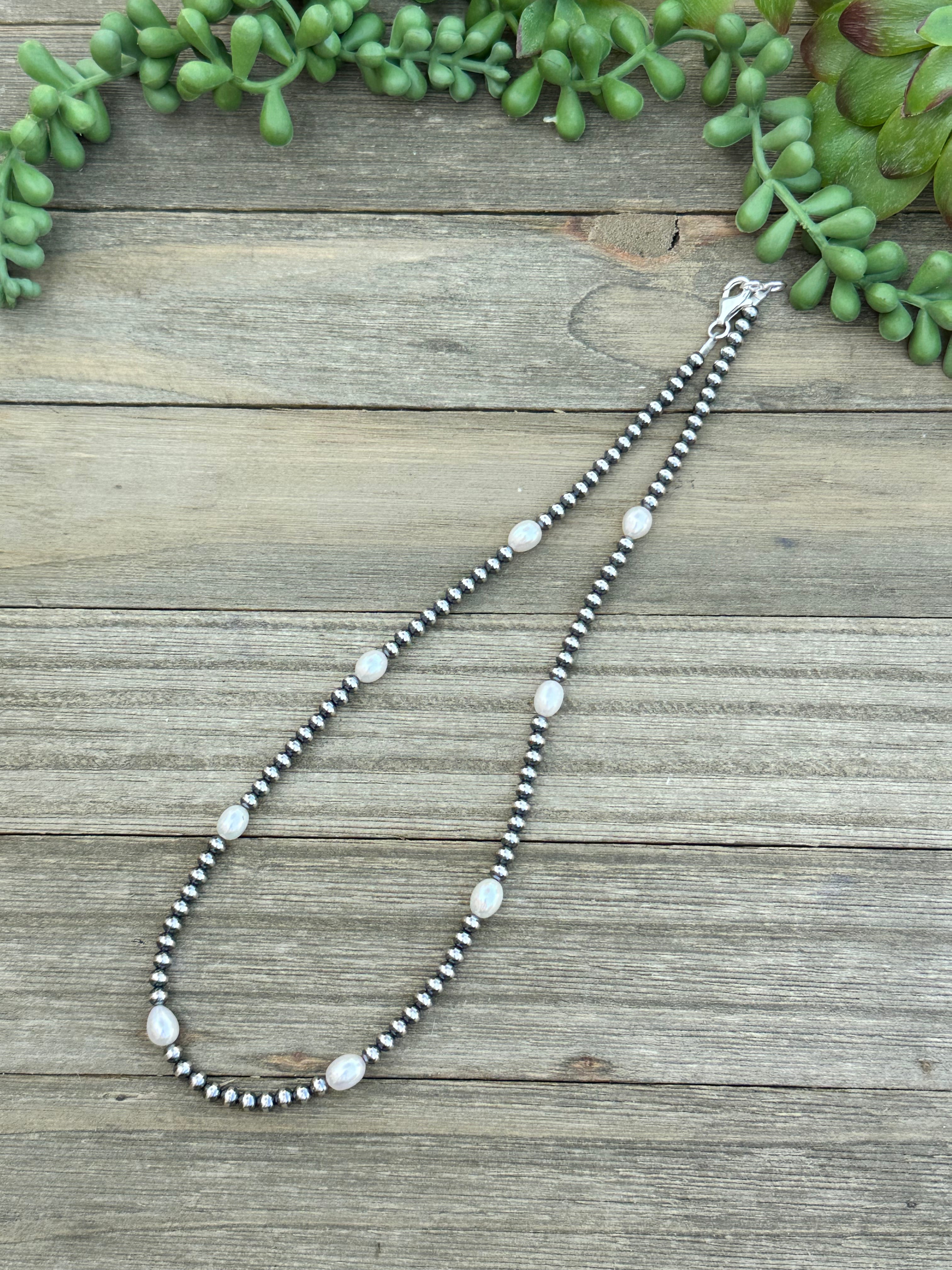 Navajo Strung Fresh Water Pearls & Sterling Silver Beaded Pearl Necklace