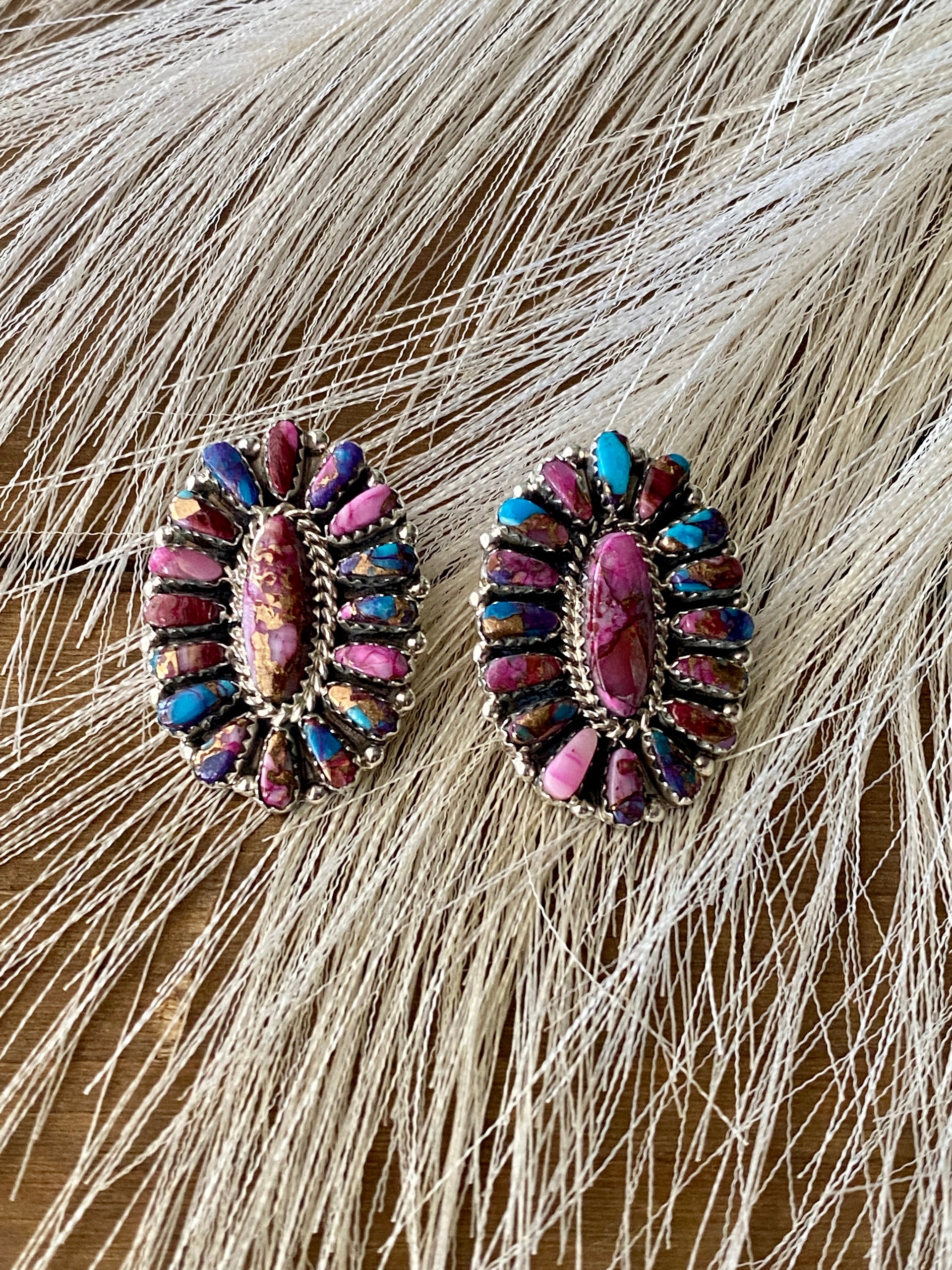 Navajo Made Pink Mohave Turquoise & Sterling Silver Post Cluster Earrings