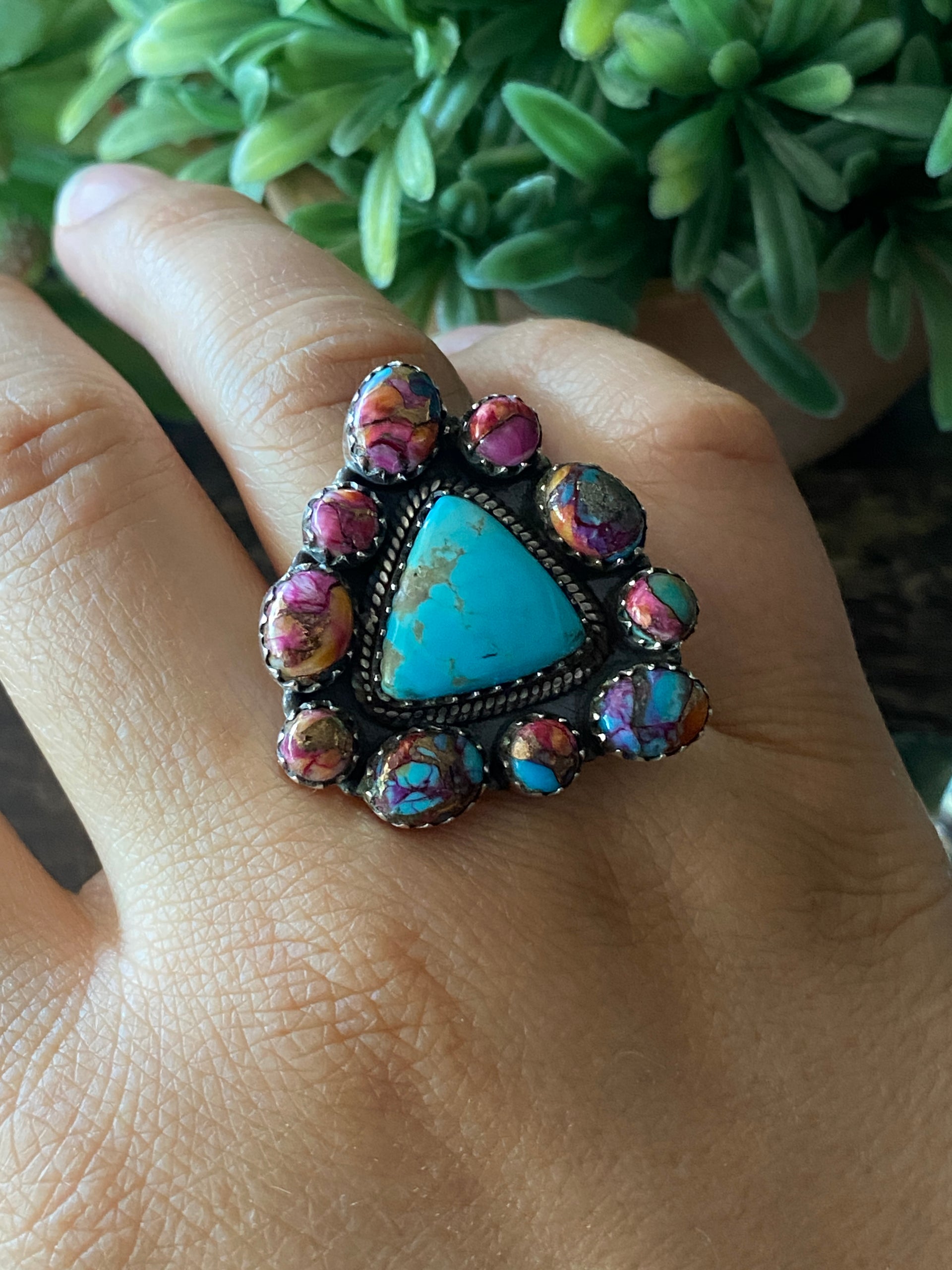 Southwest Handmade Multi Stone & Sterling Silver Adjustable Cluster Ring