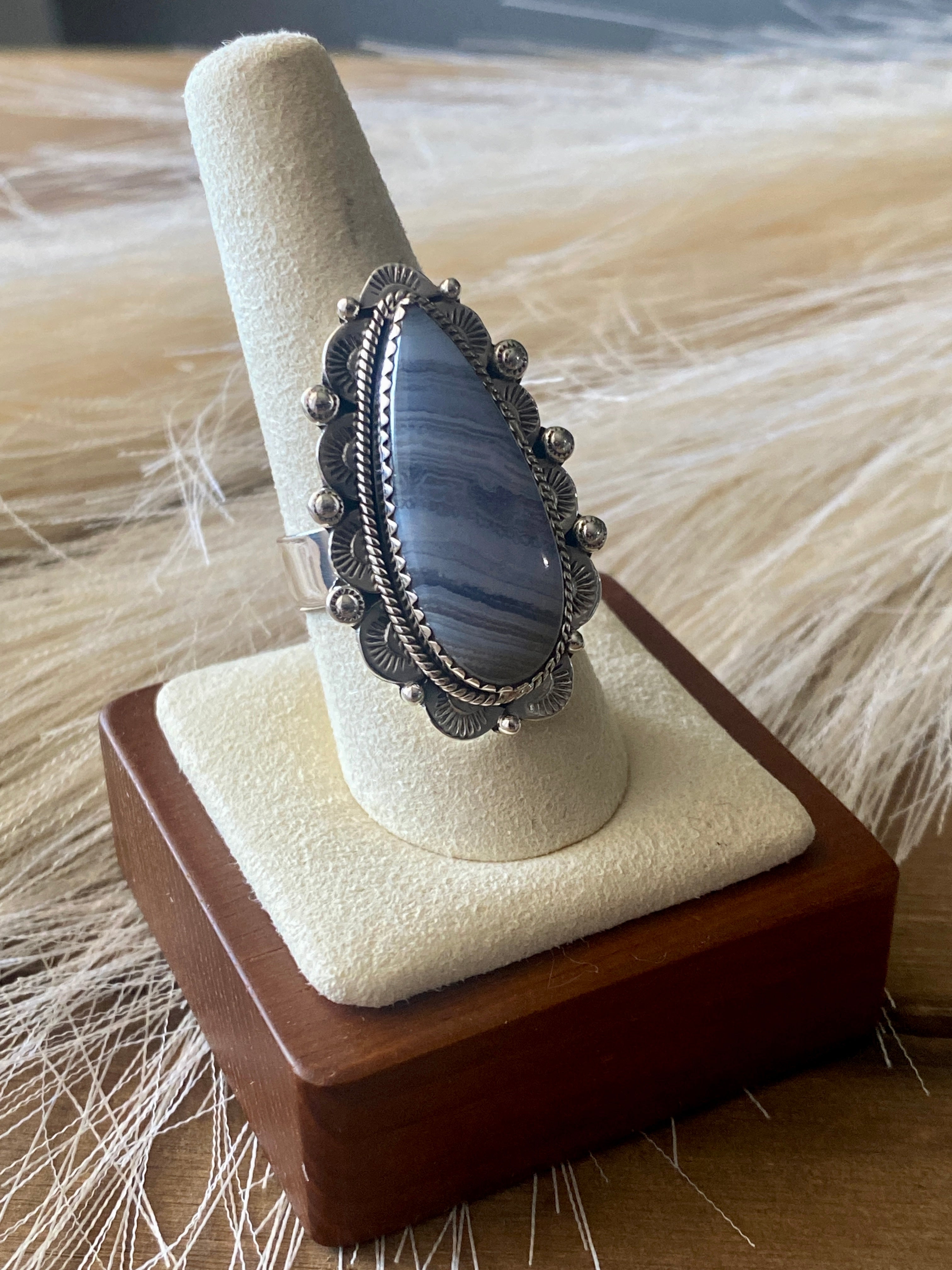 Southwest Handmade Blue Lace Agate & Sterling Silver Adjustable Ring