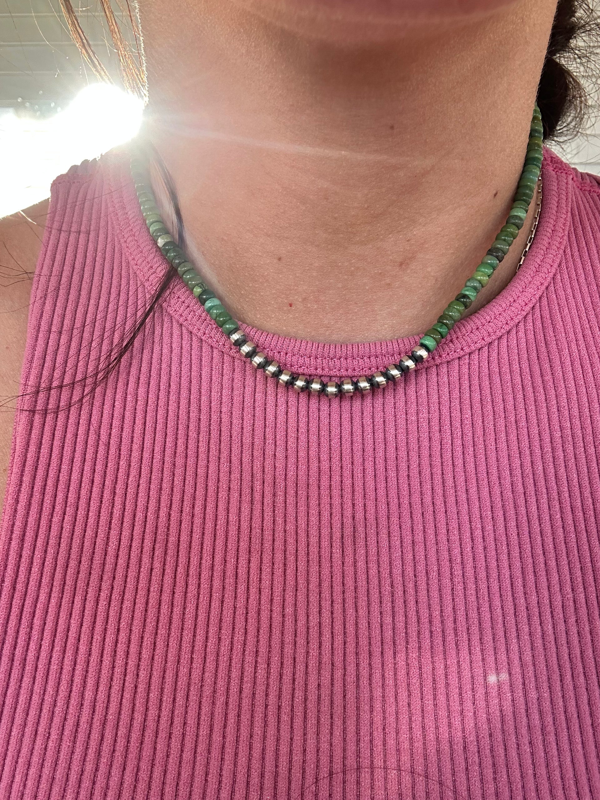 Navajo Strung Sonoran Gold Turquoise & Sterling Silver Beaded Pearls Necklace