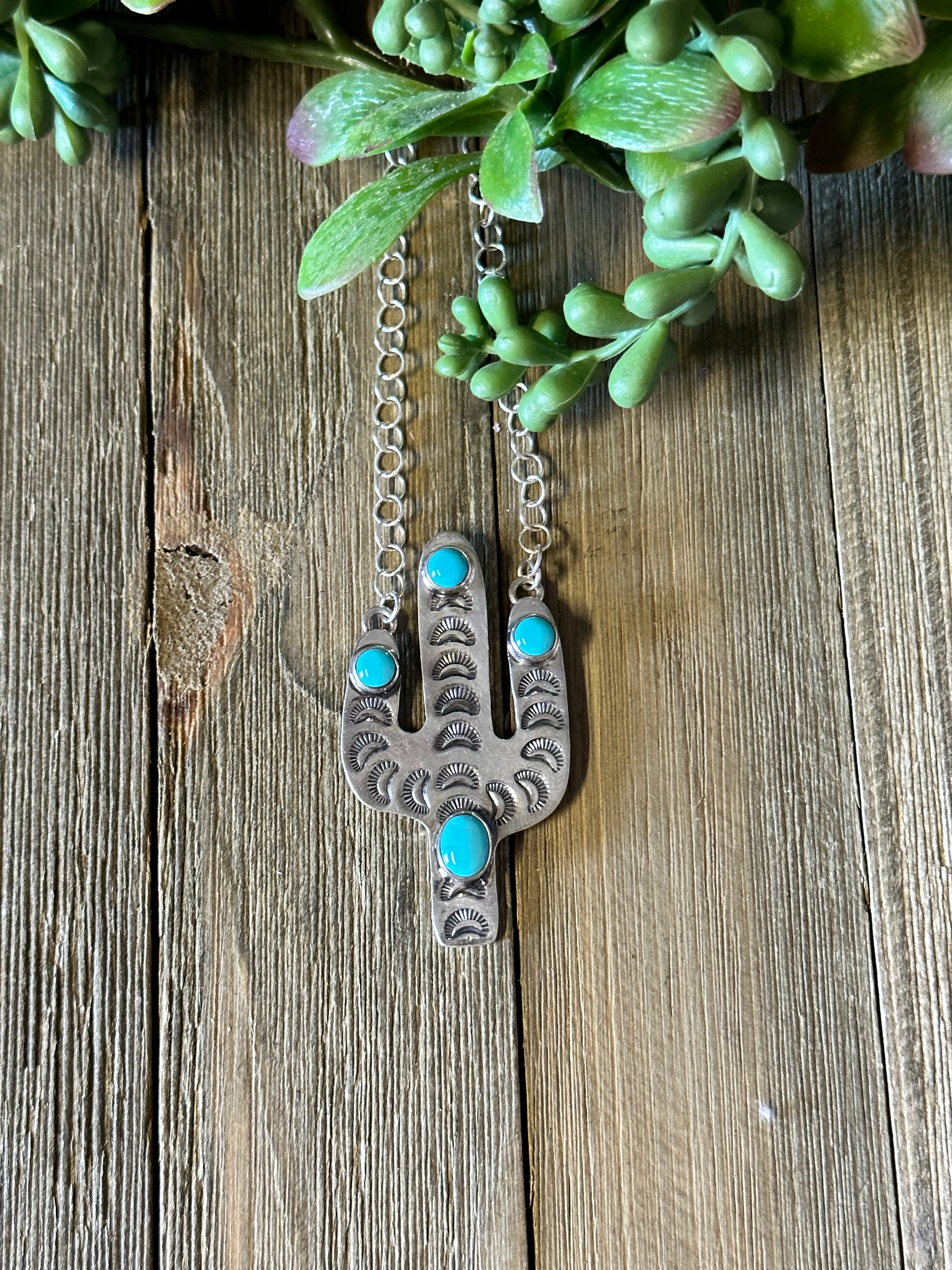 Tim Vandever Kingman Turquoise and Sterling Silver Cactus Necklace