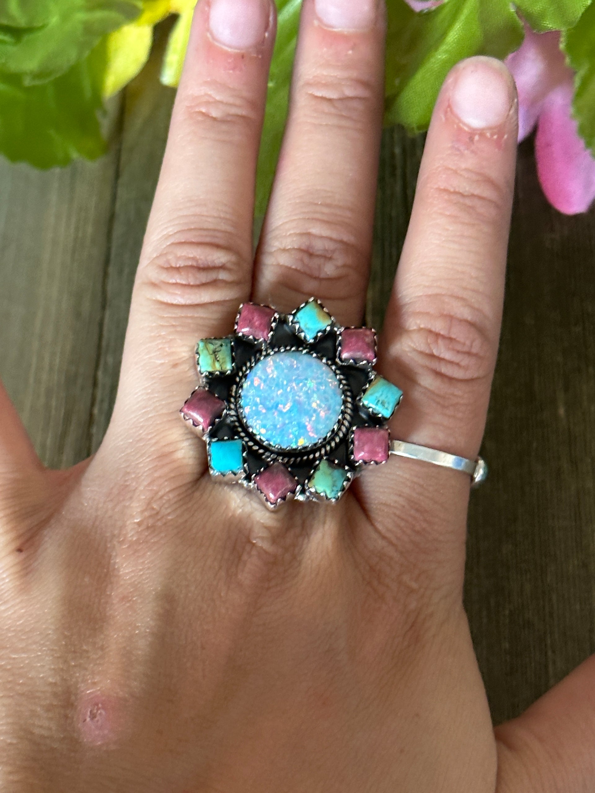 Southwest Handmade Multi Stone & Sterling Silver Adjustable Ring