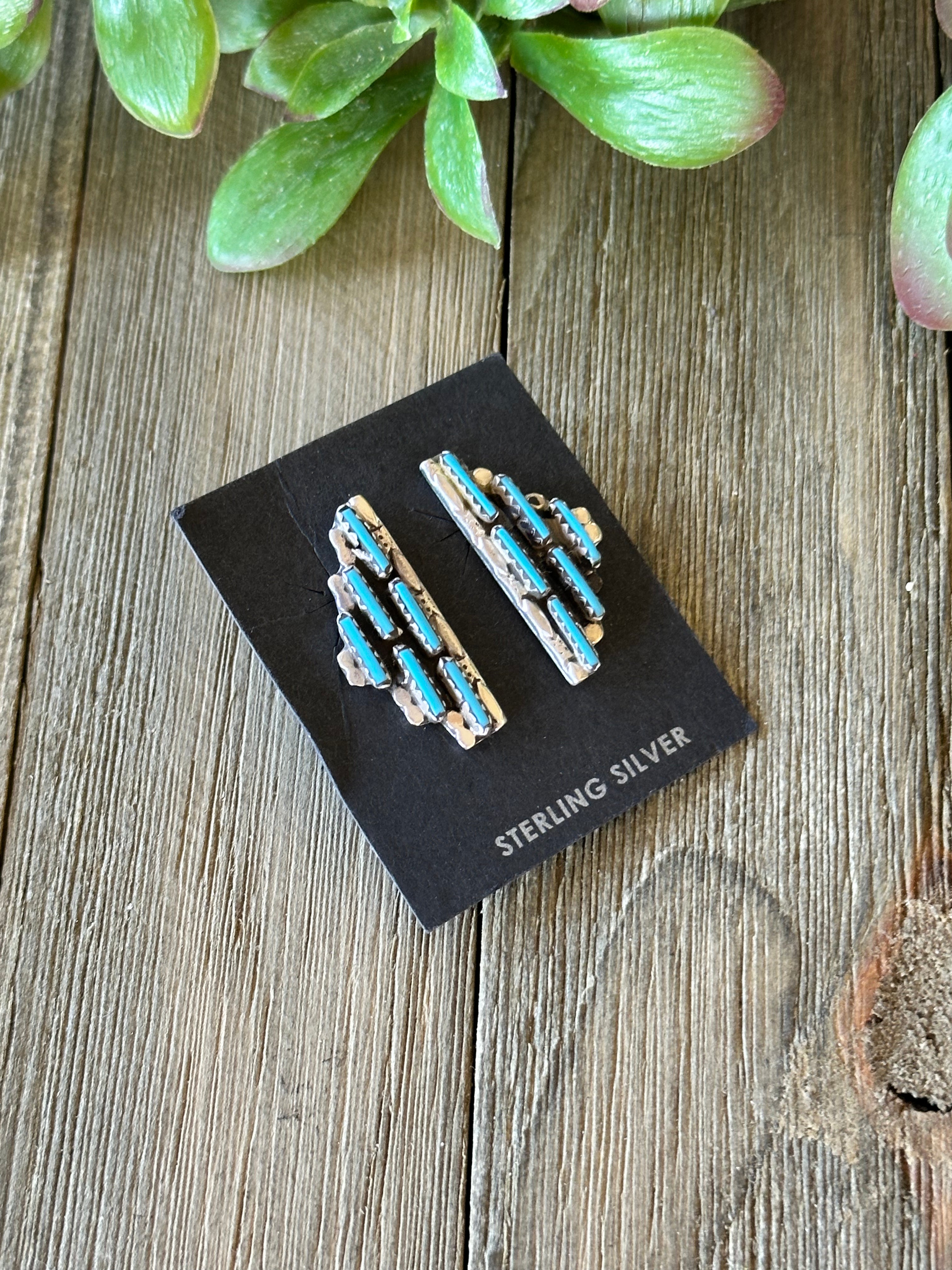 Zuni Made Turquoise & Sterling Silver Post Cluster Earrings