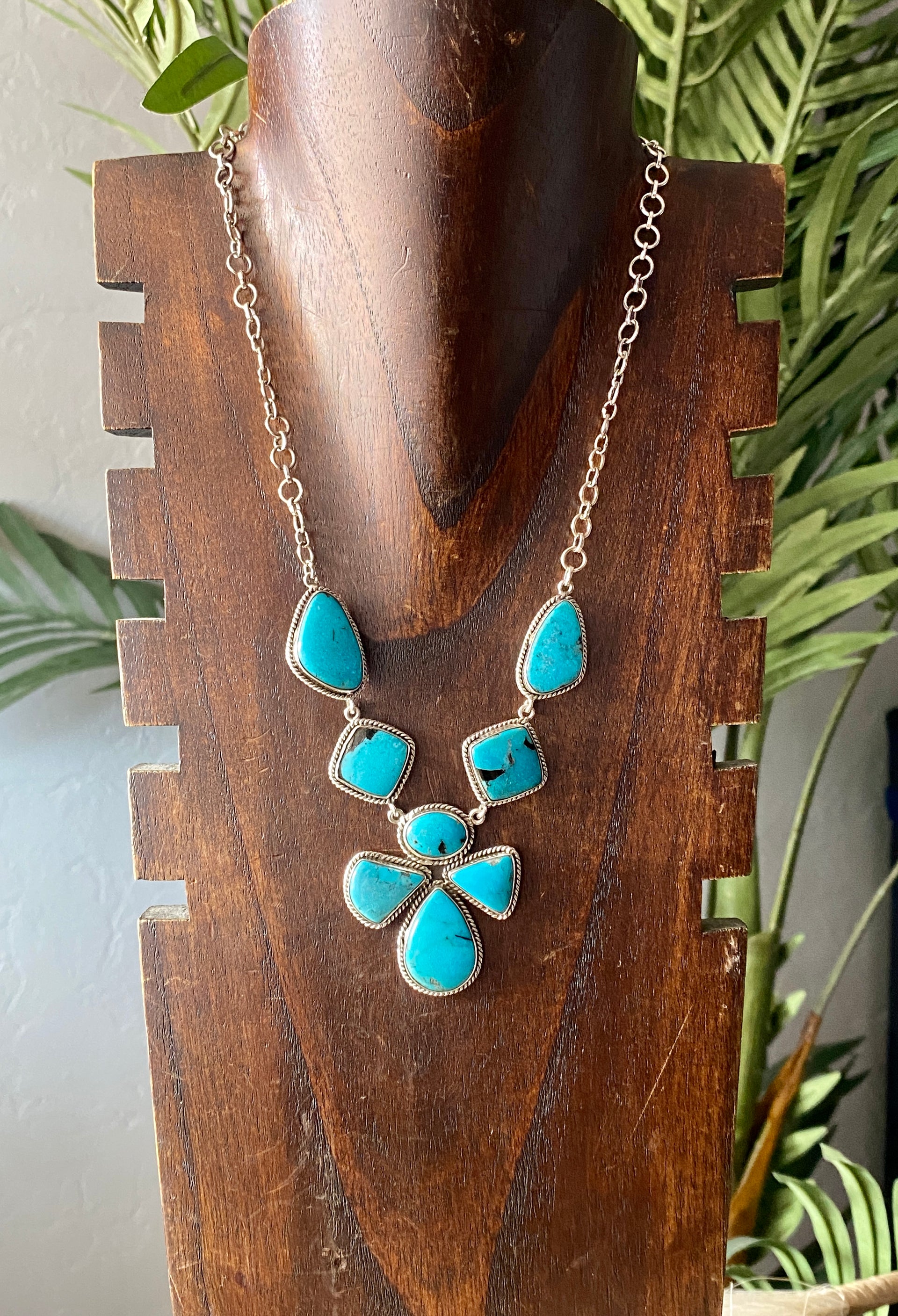 Southwest Handmade Kingman Turquoise & Sterling Silver Cluster Necklace