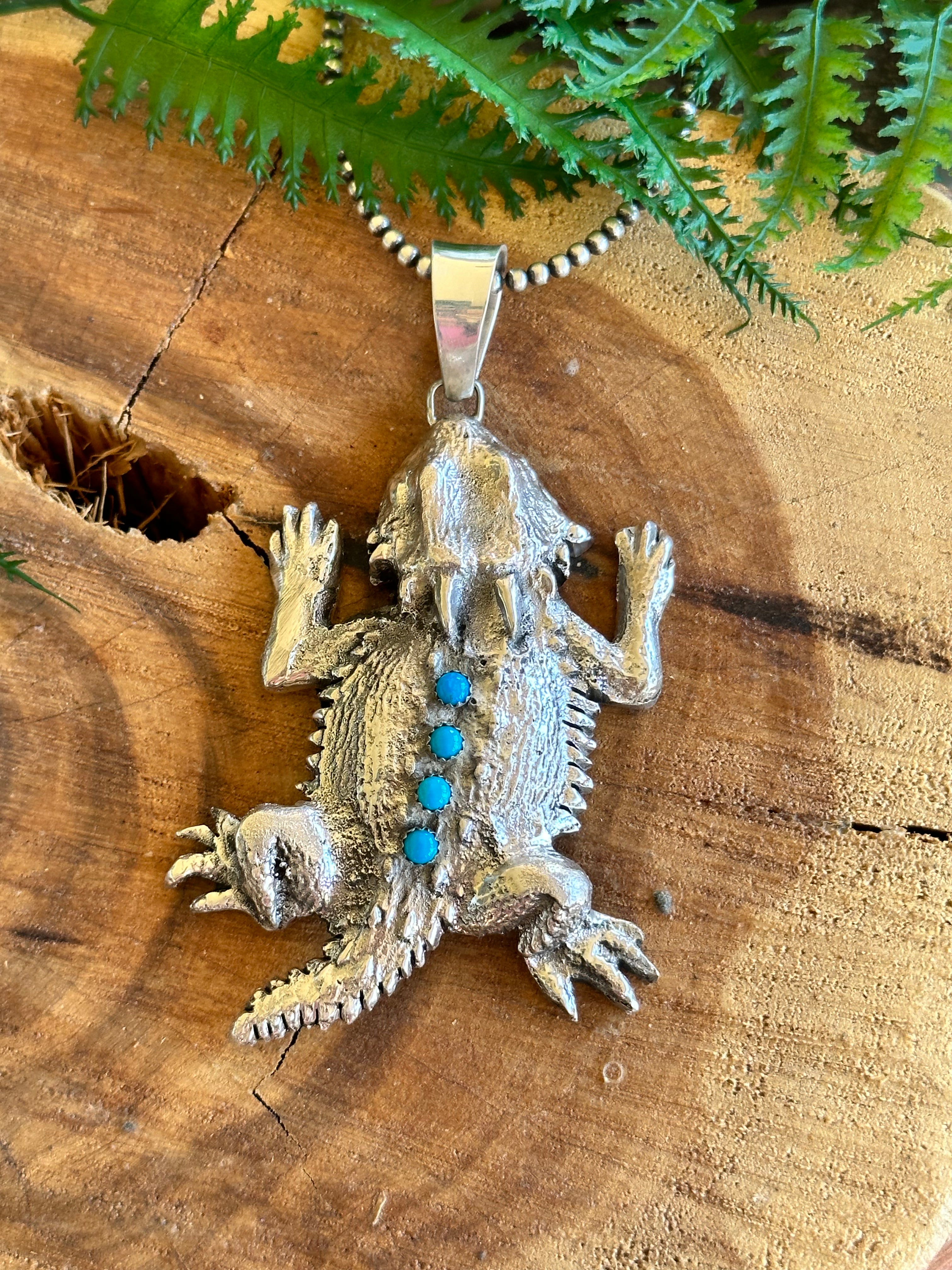 Navajo Made Kingman Turquoise & Sterling Silver Horny Toad Pendant